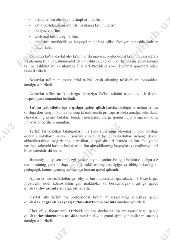 ari bo‘lgan bolalar o‘qishga o‘z ota-onasining yoki boshqa qonuniy vakillarining roziligiga va tibbiy-psixologik-pedagogik komissiyaning xulosasiga binoan qabul qilinadi. ayrim ta’lim tashkilotlariga (oliy ta’lim muassasalariga, akademik litseylarga, prezident, ijod, ixtisoslashtirilgan maktablar va boshqalarga) o‘qishga qabul qilish tanlov asosida amalga oshiriladi. davlat oliy ta’lim va professional ta’lim muassasalariga o‘qishga qabul qilish davlat granti va (yoki) to‘lov-shartnoma asosida amalga oshiriladi. chet ellik fuqarolarni o‘zbekistonning davlat ta’lim muassasalariga qabul qilish to‘lov-shartnoma asosida (bundan davlat granti ajratilgan hollar mustasno) amalga oshiriladi. davlat ta’lim muassasalariga o‘qishga qabul qilish tartibi vazirlar mahkamasi tomonidan belgilanadi. nodavlat ta’lim tashkilotlariga o‘qishga qabul qilish tartibi ushbu ta’lim tashkilotlari tomonidan belgilanadi. oliy ta’lim muassasalariga davlat granti asosida o‘qishga qabul qilish parametrlari prezident tomonidan belgilanadi. oliy ta’lim muassasalariga o‘qishga qabul qilish chog‘ida imtiyozli kontingent uchun qo‘shimcha qabul parametrlari belgilanadi. shuningdek, mazkur qonun bilan 1997 yil 29 avgustdagi “ta’lim to‘g‘risida”gi hamda “kadrlar tayyorlash milliy dasturi to‘g‘risida”gi qonunlar o‘z kuchini yo‘qotdi. ushbu qonun rasmiy e’lon …
