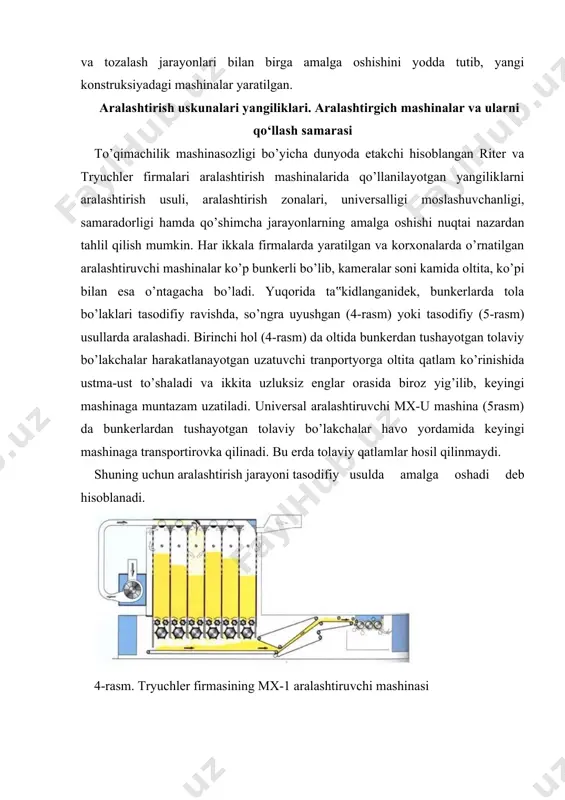 . shu yo’l bilan aralashuvchi komponentlar ulushi aniq saqlanib, aralashtiruvchi mashinaning universalligiga erishilgan. ularning uneversalligi yana shu bilan izohlanadiki, har bir bunkerga tushayotgan tolalar bo’lakchalari ichki devorlar perfosirtlarida bir on tutilib, chang va mayda begona zarralardan aerodinamik usulda tozalanadi (4, 5 rasmlar). a81 uniblend aralashtiruvchi mashinada komponentlar ulushlarini dozalab aralashtirish afzalliklari quyidagilardan iborat: aralashtirish aniqligi darajasida; aralashtirish keng diapazon(1dan 99%gacha)da; engilgina tugmani bosib rejim o’zgartiriladi; to’quvchilik va trikotaj to’qishni a‟lo darajada ta‟minlovchi ip sifatiga erishiladi; yakuniy mahsulot ko’rinishi hatto bo’yalishi bir xilligigiga erishiladi. internet saytlari: 1. www.rieter.com, mashina pasportlari; 2. www.truetzschler.com, mashina pasportlari; 3. www.marzoli.it, mashina pasportlari
