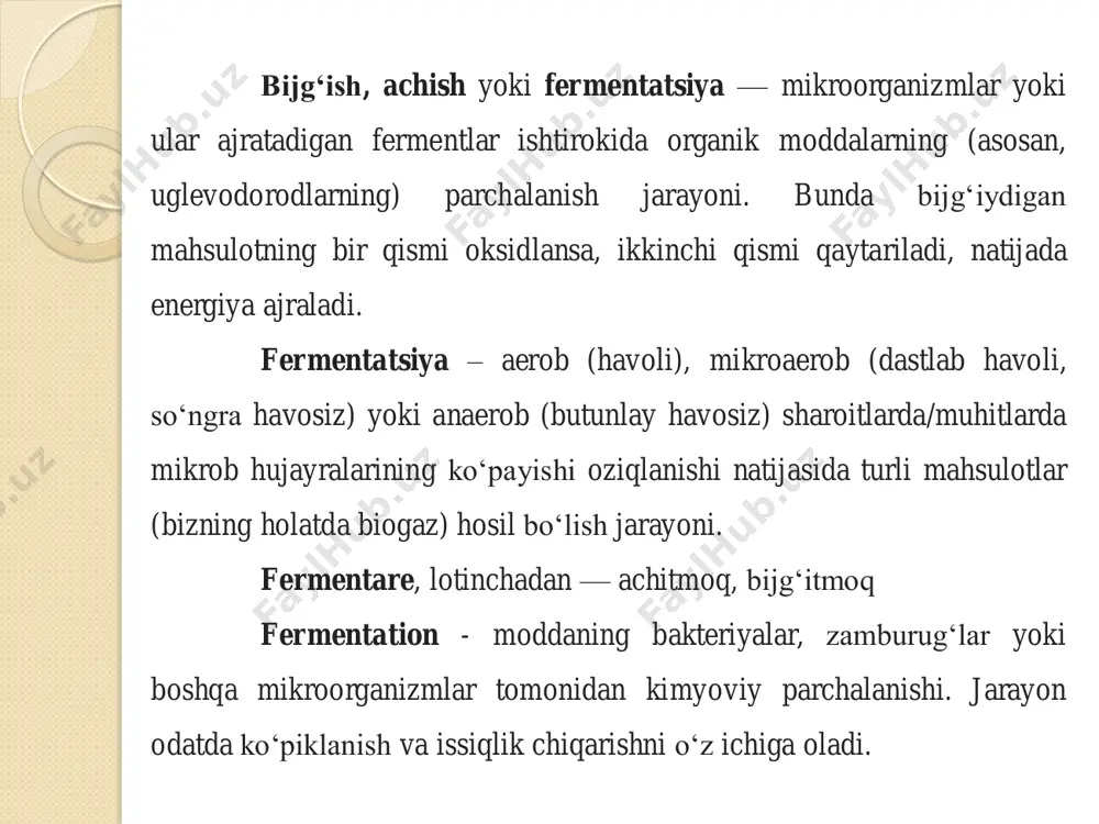 rkib topgan moddalarni bijg‘itish yoki qattiq bijg‘itish(fermentatsiya) anaerobik bijg‘itish jarayonining mumkin bo‘lgan ish rejimlaridan biri bo‘lib, yana biri nam bijg„itish hisoblanadi. quruq ad odatda tarkibida 20 % dan 40 % gacha qattiq moddalardan tarkib topgan organik materiallarni qayta ishlashda foydalaniladi. ya’ni, bu jarayonda qishloq xo‘jaligi chiqindilari, qattiq chiqindilarning organik fraksiyalari, bog‘dorchilik chiqindilari kabi turli qattiq organik chiqindilarni qayta ishlashda qo‘llash mumkin. shuningdek, bunda dastlabki xom-ashyo(biomassa) turiga qarab metan chiqishi 0,2 m3/kg dan 0,6 m3/kg gacha bo‘ladi. № ad turi xom-ashyo bo„laklar o„lchami(мм) metan chiqishi (m3/kg) metan chiqishiga o„lchamning ta‟siri 1 quruq ad bug'doy poyasi 0.1 0.052 kamayadi 0.7 0.075 1.4 0.096 2 sholi poyasi 10 0.240 deyarli o„zgarishsiz 25 0.232 3 кукурузная стовер 1 0.217 ortadi 12.7 0.191 4 banan qobig'i 1 0.281 deyarli o„zgarishsiz 5 0.294 10 0.266 1 nam ad qog‘oz chiqindilari 10 0.117 deyarli o„zgarishsiz 1 0.118 bug'doy poyasi 20 0.179 ortadi 2 2 0.244 3 sisal …
