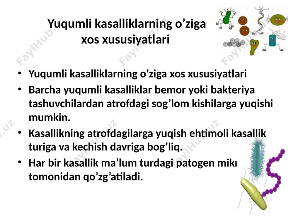 i ba’zi transmissiv infeksiyalarda (tulyaremiya, borrelioz va boshqa lar) qo’zg’atuvchi teriga kirgan soxada birlamchi affekt, ya’ni teri koplamlari soxasidagi yalliglanish, kasallikning boshqa klinik belgilari bilan kechadi. образец текста второй уровень третий уровень четвертый уровень пятый уровень kataral-respirator sindrom rinit angina bronxit bronxiolit pnevmoniya образец текста второй уровень третий уровень четвертый уровень пятый уровень yuqumli kasalliklarda laborator tekshirish usullari bakteriologik bakterioskopik serologik virusologik allergologik bioximik yordamchi laboratoriya usullari: ekg, utt (uzd), rentgen, kt, mrt. yuqumli kasalliklarni davolash asoslari etiotrop davolash patogenetik davolash simptomatik davolash yuqumli kasalliklarda tartiblar tartib i – qat’iy tartib ii – yarim yotoq tartibi (palatno’y) tartib iii – umumiy parxez № 2 o’tkir ichak infeksiyalari rekonvalessensiya davrida buyuriladi. bunda jkt ni mexanik va termik ta’sirlardan ozod etiladi. aralash stol, hamma taomlar qirg’ichdan o’tkazilgan va maydalangan xolda tayyorlanadi. dukkaklilar, fasol va ko’k no’xat man etiladi. yuqumli kasalliklar bilan og’rigan bemorlar ovqatlanishi parxez № 4 diareya sindromida tavsiya etiladi (dizenteriya, …