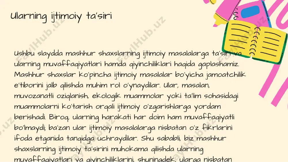 ni taqdim etadi. mashhur shaxslar ko'pincha ijtimoiy masalalarni yoritishda o'z ta'sirini ko'rsatadilar, masalan, nogironlar huquqlari va sog'liqni saqlash masalalarida. ular o'zlarining mashhurligidan foydalangan holda, jamiyatda ijtimoiy muammolarni ko'tarish va ularning yechimini izlashga yordam berishadi. 1. yordamchi texnologiyalar: - ovozli yordamchilar; - maxsus qurilmalar; - online resurslar. 2. ijtimoiy masalalarga e'tibor qaratish choralari: - jamiyatda xabardorlikni oshirish; - tadbirlar va kampaniyalar o'tkazish; - mediada ijtimoiy masalalar haqida muntazam ravishda ma'lumot berish. xulosa ushbu taqdimotda ko‘r va eshitish nogironlari bo‘lgan mashhur shaxslar tarixiy misollar bilan keltirildi. 1. helen keller – ko‘r va eshitish qobiliyati cheklangan bo‘lib, inson huquqlari va ta’lim sohasidagi faoliyati bilan tanilgan. 2. ludwig van beethoven – eshitish qobiliyati pasaygan holda dunyoga mashhur musiqalar yaratgan. 3. ray charles – ko‘r bo‘lishiga qaramay, jazz va blues musiqasi orqali o‘zining izini qoldirgan. ushbu shaxslar nafaqat o‘z sohalarida muvaffaqiyat qozonish bilan birga, jamiyatda nogironlik masalalariga e’tibor qaratishdi. nogironlar uchun reabilitatsiya usullari va qo‘llab-quvvatlash …