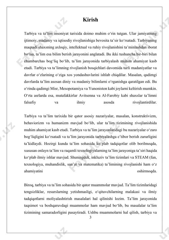 lib, qizlar uchun ta’lim imkoniyatlari juda cheklangan edi. ta’lim, shuningdek, yuqori ijtimoiy tabaqalar uchun ajratilgan bo‘lib, ko‘plab bilimlar faqat aristokratlar va diniy elita uchun mavjud edi. mesopotamiya, hamda, o‘zining qalam va yozma ta’lim tizimi bilan ajralib turardi. bu erda, "tablet"lar yordamida yozish va hisob-kitob qilish o‘rgatilardi. ta’lim, asosan, ko‘plab shahar-davlatlar, masalan, ur va babil shaharlarida tashkil etilgan maktablarda amalga oshirilgan. maktablar, odatda, diniy va ma’muriy maqsadlar uchun ishlatilgan. o‘qituvchilar, shogirdlarini, matnlarni o‘qish va yozish, matematika va yurisprudentsiya asoslari bilan tanishtirganlar. qadimgi yunonistonda esa, ta’lim jarayoni yanada rivojlangan. bu davrda, ta’lim faqat bilim berishdan iborat emas, balki shaxsiy tarbiya va axloqiy qadriyatlarni o‘rganishga mo‘ljallangan edi. platon va aristotel kabi faylasuflar ta’lim jarayonida muhim rol o‘ynagan. platon, ta’limni ijtimoiy adolat va axloqiy tarbiyaning asosiy vositasi sifatida ko‘rgan. u, ta’lim jarayonida muhim o‘rinni e’tibor berish kerakligini ta’kidlagan. aristotel esa, ta’limni, shaxsning intellektual va ahloqiy rivojlanishi uchun zarur deb bilgan. hindiston va xitoyda ta’lim …