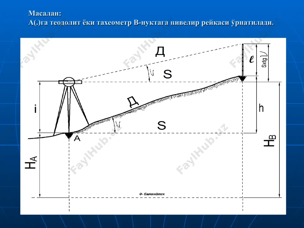 йича планга тушириш; c) рельеф ва характерли нуқталарни қутб усулида коғозга тушириш (транспортир ёрдамида); д) планда нуқталарнинг баландликларини ёзиш ва тафсилотларни чизиш ; e) баландликлар бўйича жойнинг рельефини горизонталлар ёрдамида тасвирлаш; ф) тахеометрик съёмка планига шартли белгилар тушириш ва расмийлаштириш. 4. элетрон тахеометр тузилиши, текшириш ва унда улчаш ишларини бажариш (та3 ва та5 тахеометрлари). электрон тахеометрлар. тахеометрик станциялар масофаларни ва бурчаларни ўлчаш қутбли съёмка, режалаш ишлари, масофани воситали аниқлаш, баландликни аниқлаш махсус ишларни – доиравий қабуллар усулида, доиравий режалаш, фасадли съёмка, полигонометрияни ўрнатиш ва бошқа махсус ишларни бажаришда қўлланилади. замонавий электрон тахеометрик станциялари автоматлаштириш даражасига кўра механик, моторлаштирилган (радио алоқа орқали олишдан моторлаштирилиб бошқариладиган)ларга бўлинади. бурчакли ва чизиқли ўлчаш аниқлиги бўйича улар тегишлича: - ўртача аниқликда – mb – 3-5,ms =5(5-3) мм/км - аниқ аниқликда - мв =2–3мд=3+(3-2)мм/км - юқори аниқликда – мв =1; мд=1+(2-1)мм/км ўртача квадратик хатоликлар билан ўлчайдиганларга бўлинади. дастурларни таъминоти, маълумотни сақлаш, узатиш тури ва қўшимча функциялари …