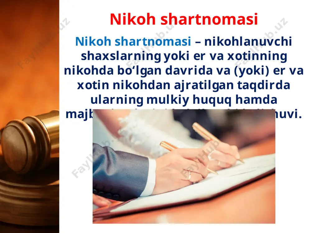 tlarida tomonlarning nikohda va u bekor bo‘lganida er va xotin mulkiy munosabatlarining muhim jihatlari bo‘yicha nizomlar qayd etiladi. nikoh shartnomasi er-xotinning kelishuvi bilan istalgan vaqtda o‘zgartirilishi yoki bekor qilinishi mumkin. nikoh shartnomasi nikoh shartnomasini bajarishdan bir tomonlama bosh tortishga yo‘l qo‘yilmaydi. nikoh shartnomasi er-xotindan birining talabi bilan o‘zbekiston respublikasi fuqarolik kodeksida belgilangan asoslar va tartibda sudning hal qiluv qarori bilan o‘zgartirilishi yoki bekor qilinishi mumkin. savol va topshiriqlar 1. nikoh shartnomasini fuqarolik huquqidagi boshqa shartnomalar bilan taqqoslang va nikoh shartnomasiga kiritilishi lozim bo‘lgan hamda kiritilishi mumkin bo‘lmagan shartlarning o‘zaro farqini tahlil qiling. 2. nikoh shartnomasida nikoh tugatilganidan keyingi davr nazarda tutiladimi? 3. nikohni tegishli tartibda qayd qilmay turib er-xotin bo‘lish mumkinmi? 4. nima uchun nikoh shartnomasi faqat shaxsan tuzilishi zarur bo‘lgan bitimlar tarkibiga kiradi? image1.jpg image2.jpeg image3.jpeg image4.jpeg image5.jpg image6.jpeg image7.jpeg image8.jpeg image9.jpeg image10.jpeg image11.png image12.png image13.jpg image14.jpeg