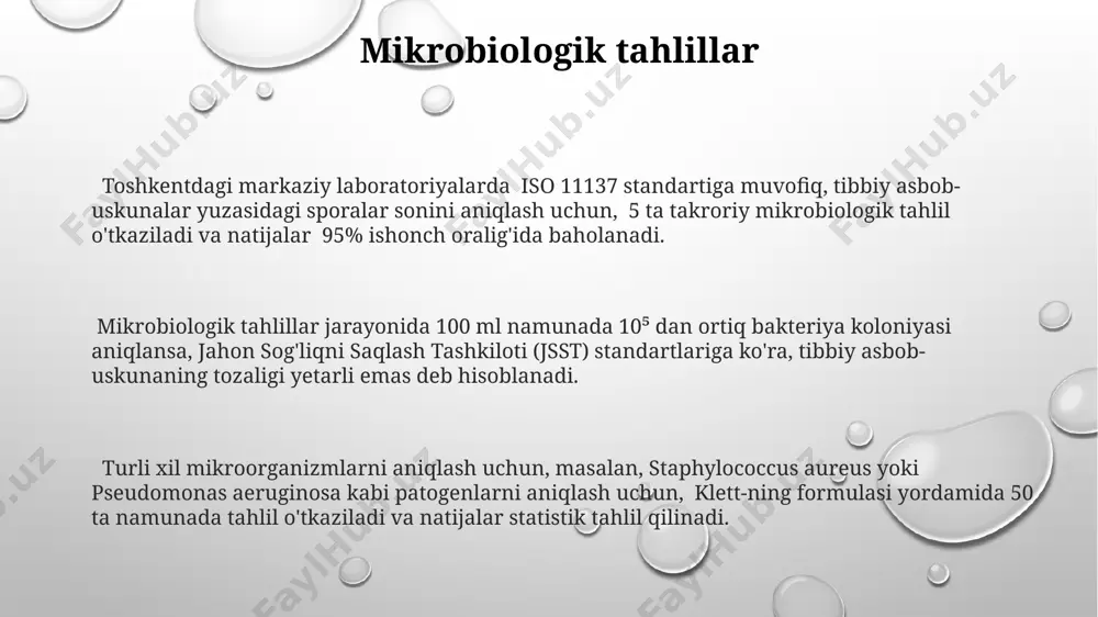 iqlashda, 100 µl namunada 105-106 cfu/ml dan yuqori bakteriyalar soni, jahon sog'liqni saqlash tashkiloti (jsst) standartlariga ko'ra, ifloslanishni ko'rsatadi va tozalash jarayonini qayta ko'rib chiqishni talab qiladi. kimyoviy tozalikni aniqlashda, aqsh farmakopeyasida (usp) belgilangan chegaralarga muvofiq, ph darajasi 6.5-7.5 oralig'ida bo'lishi va 25°c haroratda 5 ppm dan yuqori organik qoldiqlarning mavjudligi qabul qilinmaydi. atp biolyuminesensiyasi usuli ушбу усул юқори сезувчанликка эга бўлиб, 10 6 дан кам атф молекулаларини аниқлаш имконини беради ва шу сабабли тиббиёт асбоб-ускуналарининг юқори даражада тозалигини назорат қилиш учун жуда самаралидир. атф биолюминисценсияси усулида 10-15 рлу (релятив люминисцент бирлиги)дан кам кўрсаткичлар тозалик меъёрини билдиради ва бу кўпгина европа касалхоналарида, жумладан, германия ва францияда қўлланилади. атф биолюминисценсияси тести, натижаларини тезкор баҳолаш учун портатив ўлчов асбоблари ёрдамида ўтказилиб, бу жараён 5-10 минут вақт олади ва бу, масалан, тошкент шаҳридаги клиникаларда кенг қўлланилади. tozalikni ta'minlash va nazorat qilish тошкент шаҳридаги марказий касалхоналарда, йилига ўртача 5000 тадан ортиқ тиббий асбоб-ускуналарни тозалаш …