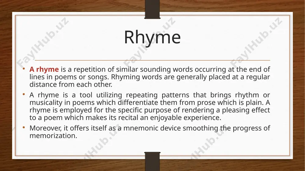 nal rhyme – the rhyming words are placed not at the ends of the lines but within the line, as in: e.g. once upon a midnight dreary while i pondered weak and weary …(e. a. poe) according to the way the rhymes are arranged within the stanza, certain models have crystallized couplets; cross rhymes; framing or ring rhymes. couplets -when the last words of two successive lines are rhymed. the pattern is aa,bb. for instance, be a friend. you don't need money(a); just a disposition sunny(a); just the wish to help another(b) get along some way or other(b); 2. cross rhyme matches a sound or sounds at the end of a line with the same sound or sounds in the middle of the following line; the pattern is abab. for example: “a slumber did my spirit seal; (a) i had no human fears: (b) she seemed a thing that could …