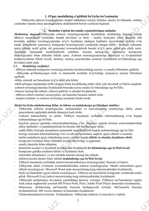 katimizda bu borada olib borilayotgan ishlar; · sodda tibbiy biologik masalalarni matematik modellashtirish haqida tushunchalarga ega boʼlish; · hozirgi zamonda informatikaning oʼrni va roli, maʼlumotlarni saqlash, qayta ishlash va uzatish; · tajriba natijalarini qayta ishlashning asosiy usullari haqida bilishi va ulardan foydalana olishi; · kompyuter texnikasi bilan ishlashda texnika havfsizligi va gigienasi; · amaliy dasturlar bilan ishlashni; · dasturlash asoslari va hisoblash texnikasidan foydalanish koʼnikmalariga ega boʼlishi kerak; · kompyuter grafika usullarini bilish va foydalana olish; · axborotlar almashinuvi va uni izlashda internet tarmogʼida ishlash; · elektron pochta dasturi bilan ishlash malakalariga ega boʼlishi kerak. · tibbiyot masalarini yechishda axborot-kommunikatsiya texnologiyalari. dasturiy taʼminot; · tibbiyotda ishchi oʼrinlarini avtomatlashtirishda axborot texnologiyalari. mantli axborotlarni qayta ishlash texnologiyasi. microsoft word matn muxarririning keng imkoniyatlaridan foydalanish; · sonli maʼlumotlarni qayta ishlash texnologiyasi. tibbiyot maʼlumotlarini kompyuter yordamida analiz qilish. microsoft excel jadval muxarririning keng imkoniyatlaridan foydalanish; · tibbiyotda multimediya ilovalarini yaratishdagi dasturiy vositalar. (tibbiyot maʼlumotlarini …
