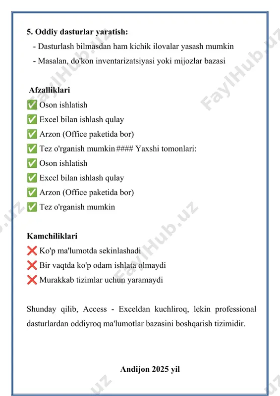 ida bemorning yoshi, tana massasi indeksi (tmi) kabi ma’lumotlar avtomatik aniqlanadi. masalan, tmi = vazn / (balandlik * balandlik) formulasi yordamida har bir bemorning sog‘liq holatini tahlil qilish uchun muhim ko‘rsatkich olinadi. moliyaviy hisobotlarda esa foyda, zarar, soliq va boshqa ko‘rsatkichlarni hisoblash uchun hisoblash maydonlaridan foydalanish juda muhim. misol uchun, foyda = daromad - xarajat, soliq = daromad * 0.12 kabi formulalar tez va aniq hisob-kitoblarni amalga oshiradi. umuman olganda, hisoblash maydonlari ms access dasturining eng foydali imkoniyatlaridan biridir. ular ma’lumotlar ustida avtomatlashtirilgan hisob-kitoblar olib borishga, natijalarni tezda ko‘rishga va tahlil qilishga imkon beradi. bu esa foydalanuvchining vaqtini tejaydi, xatolik xavfini kamaytiradi va turli sohalarda ishlashni sezilarli darajada samarali qiladi. iii. xulosa xulosa qilib aytadigan bo’lsak, microsoft accessda hisoblash maydonlaridan foydalanish ma'lumotlarni avtomatlashtirish, ish jarayonlarini tezlashtirish va xatoliklarni minimallashtirish uchun ajoyib imkoniyatdir. agar siz kichik yoki o‘rta miqyosdagi loyihalarda ishlayotgan bo‘lsangiz, hisoblash maydonlarini o‘rganish sizga katta vaqt tejash va ish …