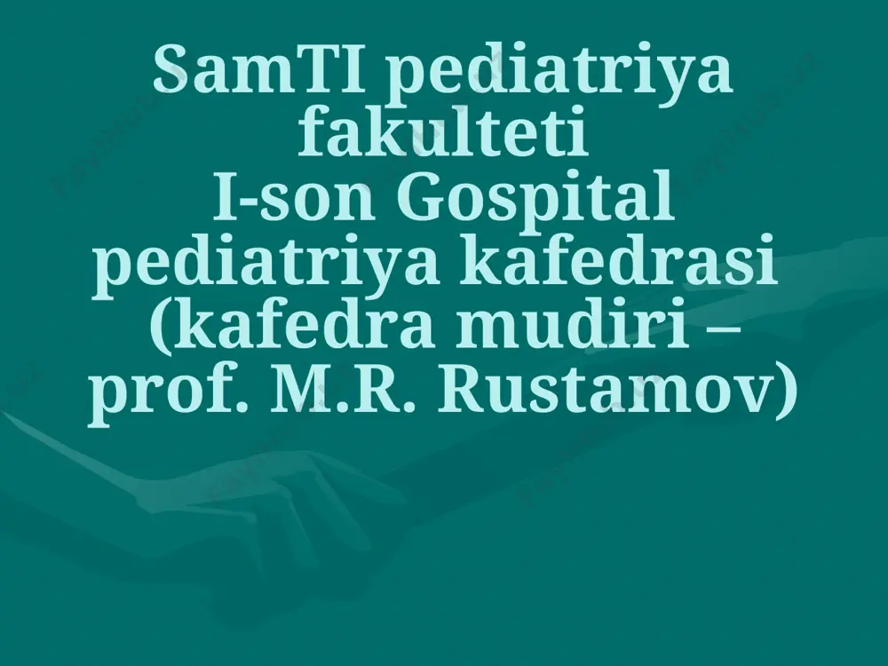 tikosteroidlar acidoz o`rvi mikroblarga qarshi himoyani buzilishi (2): giperventilyaciya alveolyar gipoksiya o`pka tromboemboliyasi o`pka shishi allergik reakciyalar dori-darmonlar (salicilatlar) disembriogenez stigmalari ayrim muammolar vaziyatning shoshilinchligi noaniqlik piopnevmotoraks? pnevmotoraks? qon ketish? xirurgik uslublarni qo`llanilishi bub ning tug`ma yetishmovchiligi substanciyalar: gistamin xemotaksin tromboaggregant pg e va f angiotenzin ii bradikinin, kallidin serotonin noradrenalin paratrofiya qalqonsimon bez patologiyasi samdti 7 kurs talabasi emfizema emfizema (2) qo`shimcha muammolar! bronxoskopiya bronxografiya torakoskopiya angiopulmonografiya tashkiliy masalalar tashxislash: rentgen tomografiya fluoroskopiya kontrastli tekshirishlar kontrast tekshirish: bronxografiya arteriografiya aortografiya pnevmoperitoneum, pnevmotoraks radiologik sakaner endoskopiya: laringoskopiya bronxoskopiya torakocentez: davolash va tashxislash maqsadida asoratlari: infekciya, pnevmotoraks, qon ketishi, jigar, taloq jaroxatlanishi bakteriologik tekshirilishi oqsil miqdori, citoz o`pka atelektazi mediastinal asimmetriya perkutor o`zgarish aniq chegaralanish (o`pka bo`lakining atelektazida) o`pka kollapsi sabablari: suyuqlik, havo, o`sma, churra mediastinum a`zolarining siljishi perkutor tovushning o`zgarishi r-soya (pio- yoki gidrotoraks) r-tiniqlik (pnevmotoraks) ko`krak qafasini transillyuminaciyasi: 6 oygacha bo`lgan bolalarda pnevmotoraksni aniqlashi mumkin mikrobiologik usullar qon gazlarini …