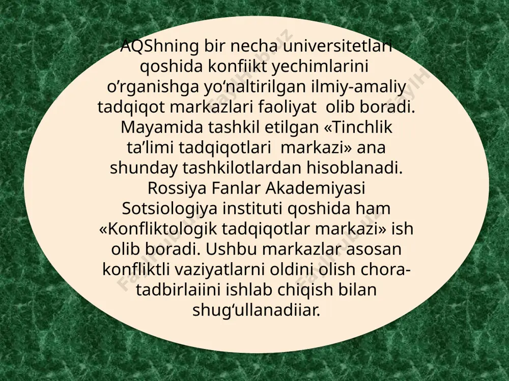 iyatlari, qo‘lidagi kuch-imkom kam bo'lgan vaziyatlarda qo’lanadi. 2. 0’zini chetga olish (chap berish, qochish). bunday axloqli individ o‘z huquqlarini himoya qilishni, qarorni ishlab chiqish uchun hamkorlik qilishni istamagan, o’z pozitsiyasini bildirishdan bosh tortgan, bahsdan bo‘yin tovlagan hollarda tanlanadi. bu uslub qarorlar uchun mas’uliyatdan qochish konflikt yakun individ uchun muhim bo’lmagan yoki vaziyat o‘ta murakkab va konfliktning hal etilishi ishtirokchilardan juda ko'p kuch talab etadigan yoki bo‘lmasa, konfliktni o‘z foydasiga hal qilish uchun uning kuchi, hokimiyati yetmagan hollarda ishlatilishi mumkin. 3. qarama-qarshilik, raqobat. individning o‘z manfaatlari yo‘lidagi faol kurashi, qo’yilgan maqsadlarga erishish uchun imkoni doirasidagi barcha vositalar: hokimiyat, majbur qilish, opponentlarga bosim ko’satishning boshqa vositalari, boshqa ishtirokchilaming o’ziga bog’iqligidan foydalanish kabilarni qo’llash bilan tavsiflanadi. vaziyat individ tomonidan o’ta muhim, g'alaba qozonish yoki mag‘lubiyatga uchrash masalasi sifatida ko‘rib chiqilib, bu opponenlarga nisbatan qat’iy pozitsiyani va konfliktning qarshilik ko’rsatgan ishtirokchilariga nisbatan murosasiz antagonizmni ko‘zda tutadi. 4. hamkorlik. individ o‘zaro harakatlarga aloqador barcha ishtirokchilarni …