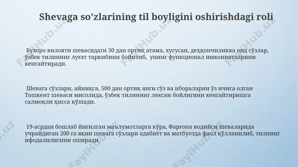 рани ўз ичига олган махсус дастурлардан, масалан, "til o'rganish 2023" дастуридан фойдаланиш самаралидир. бу дастурларда ҳар бир сўзга оид талаффуз аудиоси ва мисол жумлалар берилган. тошкент давлат университети ва самарқанд давлат университети кутубхоналаридаги 20-аср бошида нашр этилган диалект луғатлари шевага сўзларини ўрганишда асосий манба бўлиб хизмат қилади. бу луғатларда 1000 дан ортиқ шевага оид сўзларнинг таърифи ва келиб чиқиши берилган. shevaga so'zlarining o'ziga xos xususiyatlari qashqadaryo shevasida 2-3 marta takrorlanuvchi so'zlarning fonetik o'zgarishi va undagi urg'u tushishining o'ziga xos qoidalari mavjud bo'lib, bu janubiy hududlarga xos xususiyat hisoblanadi. shevaga xos so'zlarning 30% gacha qismi, ayniqsa buxoro va samarqand viloyatlarida, fors-tojik tillaridan olingan bo'lib, ularning fonetik tuzilishi va grammatik xususiyatlarida o'zgarishlar kuzatiladi. xorazm shevasida qo'llaniladigan ba'zi 15 ta so'z boshqa hududlarga xos bo'lmagan, faqat xorazmning geografik va madaniy xususiyatlariga bog'liq bo'lgan leksik birliklardir. shevaga so'zlarining ifoda vositalari хоразм вилояти шеваларидаги 20 дан ортиқ мажозий маънода ишлатиладиган сўзларнинг образлилиги ва экспрессив хусусияти …