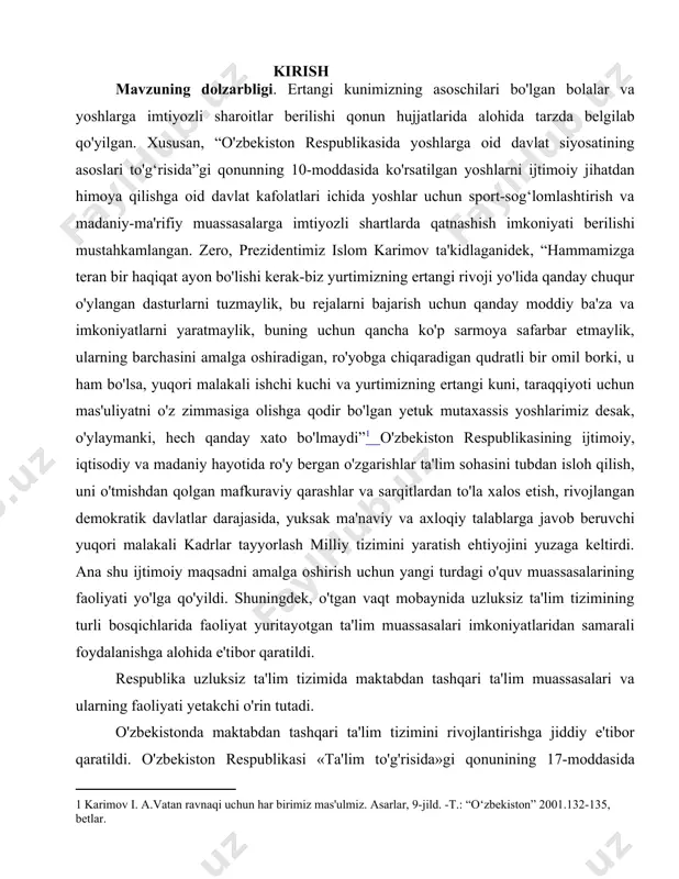 lar va sarqitlardan to'la xalos etish, rivojlangan demokratik davlatlar darajasida, yuksak ma'naviy va axloqiy talablarga javob beruvchi yuqori malakali kadrlar tayyorlash milliy tizimini yaratish ehtiyojini yuzaga keltirdi. ana shu ijtimoiy maqsadni amalga oshirish uchun yangi turdagi o'quv muassasalarining faoliyati yo'lga qo'yildi. shuningdek, o'tgan vaqt mobaynida uzluksiz ta'lim tizimining turli bosqichlarida faoliyat yuritayotgan ta'lim muassasalari imkoniyatlaridan samarali foydalanishga alohida e'tibor qaratildi. respublika uzluksiz ta'lim tizimida maktabdan tashqari ta'lim muassasalari va ularning faoliyati yetakchi o'rin tutadi. o'zbekistonda maktabdan tashqari ta'lim tizimini rivojlantirishga jiddiy e'tibor qaratildi. o'zbekiston respublikasi «ta'lim to'g'risida»gi qonunining 17-moddasida «bolalar va o'smirlarning yakka tartibdagi ehtiyojlarini qondirish, ularning bo'sh vaqti va dam olishlarini tashkil etish uchun davlat organlari, jamoat birlashmalari, shuningdek, boshqa yuridik va jismoniy shaxslar madaniy-estetik, ilmiy, texnikaviy, sport va boshqa yo'nalishlarda maktabdan tashqari ta'lim muassasalarini tashkil etish» maqsadga muvofiq ekanligi alohida ta'kidlanib, ushbu ta'lim muassasalari faoliyati samaradorligini ta'minlashning iqtisodiy-moddiy asoslari yaratildi. maktabdan tashqari ta'lim muassasalari pedagoglarining kasbiy mahoratlari oshirildi. …