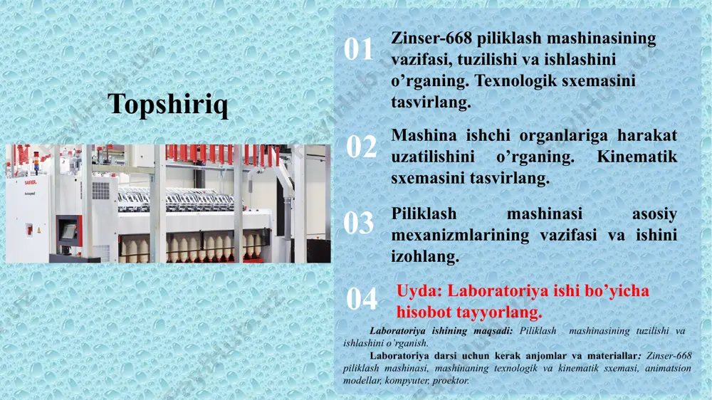 i harakat uzatish seksiyasi boshqaruv shkafi zinser-668 piliklash mashinasi 1-piltali tazlarning birinchi guruhi. 2- piltali tazlarning ikkinchi guruhi. 3-ta’minlash qurilmasining ustuni. 4-olti qirrali yo’naltiruvchi val. 5-pilta ajratgichlar. 6-fotorele (pilta uzilishini sezuvсhi). 7-kronshteyn. zinzer-668 piliklash mashinasining ta’minlash qurilmasi. pilta yo’naltirgichlar ta’minlash qurilmalarida turli konstruksiyadagi bir yoki bir necha yo’naltiruvchi val va pilta ajratkichlar ishlatiladi. baland ramkali ta’minlash qurilmalarida yashirin cho’zilishning oldini olish uchun uzatuvсhi yo’naltiruvchi vallar ko’paytirilib, pilta joylashgan tazlarda prujinali disklar qo’llanilmoqda. silliq vall halqali yo’naltirgich pilta ajratgich piliklash mashinasining knimatik sxemasini 1 - euw-ta’minlovchi silindr, d=30 mm; 2 - muw-oraliq silindr, d=30 mm; 3 - auw-chiqaruvchi silindr, d=30 mm; 4-servomotor m31/32/b31; cho’zish asbobiga harakat uzatuvchi elektrodvigatil =1500 ; s1-tishli shkiv, tishlar soni 32 ta; s2-tishli shkiv, tishlar soni 56-112 ta; d15, d16, d17, d18, d19 - shesternyalar; d16- tishlar soni 18 ta; d17- tishlar soni 87 ta; nw - umumiy cho‘zishni o‘zgartiruvchi shesternya tishlar soni 26-80 ta; d18- tishlar …
