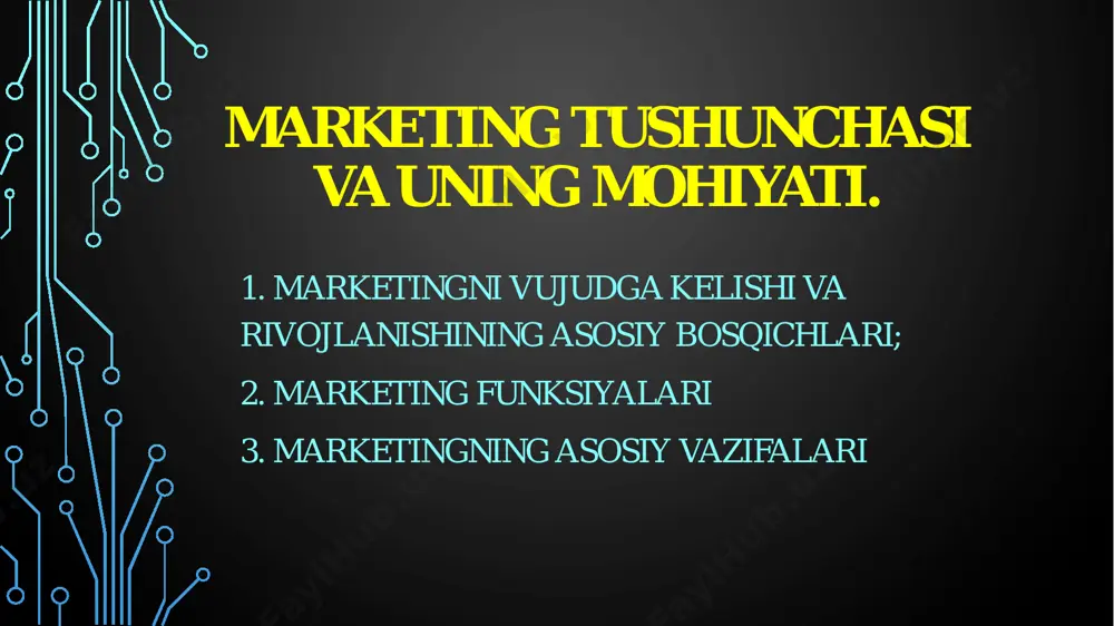 ama assotsiatsiyasi tashkil topdi; uning asosida keyinchalik amerika marketing jamiyati tuzildi va u 1973 yilda amerika marketing assotsiatsiyasi deb qayta nomlandi. 1930-1940 yillarda dunyoning ko‘pgina iqtisodiy rivojlangan davlatlarida milliy marketing assotsiatsiyalari tashkil topdi. 1950-1960 yillarda xalqaro marketing federatsiyasi, jamoatchilik fikrlari masalalari va marketing bo‘yicha evropa jamiyati hamda evropa marketing akademiyasi kabi xalqaro marketing tashkilotlari tuzildi. 1980 yillarning ikkinchi yarmida mamlakatimizning iqtisodiyot yo‘nalishidagi oliy ta’lim muassasalarida marketing kursi o‘qitila boshlandi 1990 yillarning oxirlarida va hozirgi kunlarda mamlakatimizda marketing bo‘yicha xorijiy adabiyotlar o‘zbek tiliga tarjima qilingan holda va shu fan bo‘yicha darslik, qo‘llanma hamda risolalar o‘zbekistonlik mualliflar tomonidan ko‘plab chop etilmoqda. marketing konsepsiyasini mazmuni marketing funksiyalarini amalga oshirish orqali hal etiladi. marketing funksiyalari quyidagi guruhlarga bo‘linadi:  marketing tadqiqotlari;  mahsulot assortimenti ishlab chiqarish sohasini rivojlantirish;  sotish va taqsimot funksiyasi;  tovarni siljitish;  narxni tashkil etish funksiyasi;  marketing-menejment funksiyasi. marketing tadqiqotlari funksiyasida:  xalqaro bozorni tahlil etish;  sotish …