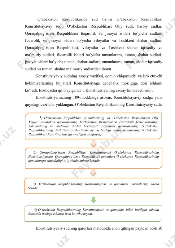 araro, tuman, shahar iqtisodiy sudlari va tuman, shahar ma`muriy sudlaridan iborat. konstitutsiyaviy sudning asosiy vazifasi, qonun chiqaruvchi va ijro etuvchi hokimiyatlarning hujjatlari konstitutsiyaga qanchalik mosligiga doir ishlarni ko‘radi. boshqacha qilib aytganda u konstitutsiyaning asosiy himoyachisidir. konstitutsiyamizning 109-moddasiga asosan, konstitutsiyaviy sudga yana quyidagi vazifalar yuklangan. o‘zbekiston respublikasining konstitutsiyaviy sudi: 1) o‘zbekiston respublikasi qonunlarining va o‘zbekiston respublikasi oliy majlisi palatalari qarorlarining, o‘zbekiston respublikasi prezidenti farmonlarining, hukumatning va mahalliy davlat hokimiyati organlari qarorlarining, o‘zbekiston respublikasining davlatlararo shartnomaviy va boshqa majburiyatlarining o‘zbekiston respublikasi konstitutsiyasiga mosligini aniqlaydi; 2) qoraqalpog‘iston respublikasi konstitutsiyasi o‘zbekiston respublikasining konstitutsiyasiga, qoraqalpog‘iston respublikasi qonunlari o‘zbekiston respublikasining qonunlariga muvofiqligi to‘g‘risida xulosa beradi; 4) o‘zbekiston respublikasining konstitutsiyasi va qonunlari bilan berilgan vakolat doirasida boshqa ishlarni ham ko‘rib chiqadi. 3) o‘zbekiston respublikasining konstitutsiyasi va qonunlari normalariga sharh beradi; konstitutsiyaviy sudning qarorlari matbuotda e'lon qilingan paytdan boshlab kuchga kiradi. ular qat'iy va ular ustidan shikoyat qilish mumkin emas. “o'zbekiston respublikasining konstitutsiyaviy sudi to'g'risida”gi konstitutsiyaviy qonunning qabul …