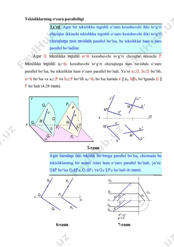 tekislikning qv iziga parallel qilib o‘tkaziladi. so‘ngra pvox=px nuqtasidan q tekislikning qh iziga parallel qilib izlangan tekislikning ph izi o‘tkaziladi. 2-masala.e(e′, e″) nuqtadan a(a′, a″) va b(b′, b″) parallel chiziqlar bilan berilgan tekislikka parallel tekislik o‘tkazish talab qilinsin (9-a, rasm). a) b) 9-rasm echish. berilgan (a∥b) tekislikka tegishli ixtiyoriy c(c′, c″) to‘g‘ri chiziqni o‘tkazib, so‘ngra e nuqtaning e′ va e″ proyeksiyalaridan a va s chiziqlar proyeksiyalariga mos ravishda parallel qilib o‘tkazilgan m′n′, m″n″ kesishuvchi chiziqlar proyeksiyalari izlangan tekislik proyeksiyasi bo‘ladi. tekislikka tegishli bo‘lmagan nuqtadan mazkur tekislikka parallel bo‘lgan cheksiz ko‘p to‘g‘ri chiziqlar o‘tkazish mumkin. bunday to‘g‘ri chiziqlar to‘plami berilgan tekislikka parallel bo‘lgan tekislikni ifodalaydi. tekisliklarning o‘zaro kesishuvi ta’rif. agar ikki tekislik umumiy umumiy to‘g‘ri chiziqqa ega bo‘lsa, bu tekisliklar o‘zaro kesishuvchi tekisliklar deyiladi. ikki p va q tekisliklar m to‘g‘ri chiziq bo‘yicha kesishadi, ya’ni qp = m. demak tekisliklarning o‘zaro kesishish chizig‘ini yasash uchun har ikkala tekislikka tegishli bo‘lgan ikki …
