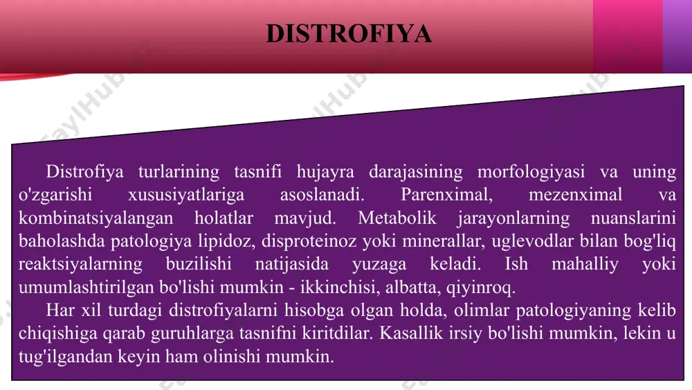 ari, organik to'qimalarning funksionalligida ma'lum buzilishlarga olib keladi. buzilishlar ikki yo'ldan birida rivojlanishi mumkin: funksionallik zaiflashadi yoki ishning xususiyatlari o'zgaradi, odatda uyali tuzilmalarga xos bo'lmagan bunday xususiyatlar shakllanadi. hodisaning klassik misoli: buyrak patologiyalarida siydikda oqsil elementlari aniqlanadi, ularning paydo bo'lishi distrofik jarayonlar bilan aniq bog'liq. jigar distrofiyasi bilan test natijalari o'zgaradi va yurak kasalligi bilan - organning ohanglari. ushbu turkumda hodisalarning uch turi ajratiladi, toifalarga bo'lish uchun jarayonda ishtirok etadigan tuzilmalar baholanadi. shunday qilib, distrofiya oqsillar yoki lipidlar ishtirokida uglevod tipidagi rivojlanishi mumkin.ularning har biri o'ziga xos xususiyatlarga ega. protein distrofiyasi granular buyrak distrofiyasi tez-tez uchraydi. agar sabab aniqlansa va o'z vaqtida bartaraf etilsa, qulay kurs va natija mumkin - asta-sekin quvurli epiteliya o'z xususiyatlarini normallashtiradi. uzoq muddatli tajovuzkor ta'sir bilan jarayonlar rivojlanadi, ularni orqaga qaytarish mumkin emas, distrofik o'zgarishlar nekrotik jarayonlarning lokalizatsiya maydoniga aylanadi. agar bemor buyrak zaharlari bilan aloqada bo'lsa, bu ko'pincha kuzatiladi. davolash protein distrofiyasi bu atama …