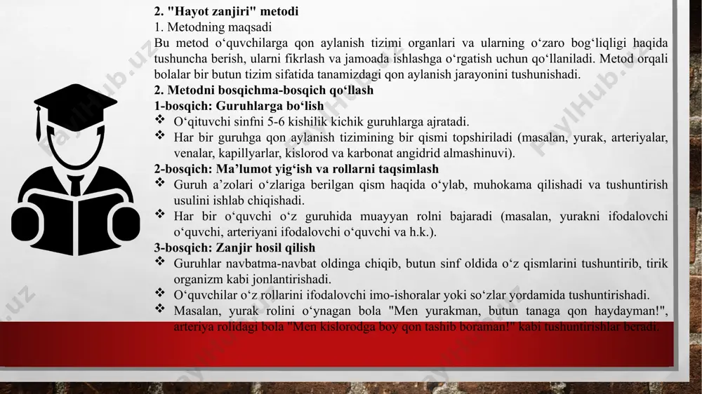 oladilar. 5. yakuniy xulosa har bir guruh o‘z chiqishini tugatgandan so‘ng, o‘qituvchi qon aylanish tizimi organlari bir-biriga bog‘liq ekanligini ta’kidlaydi. sog‘lom turmush tarzi va yurak faoliyatini yaxshi saqlash muhimligi haqida umumiy xulosa chiqariladi. metodning afzalliklari 1. o‘quvchilar tanqidiy fikrlash, og‘zaki nutq va muhokama yuritish ko‘nikmalarini rivojlantiradilar. 2. organlarning vazifalarini o‘zlari gapirib tushuntirgani uchun, bilim yanada mustahkam bo‘ladi. 3. ijodkorlik va o‘ziga ishonch rivojlanadi, chunki har bir o‘quvchi o‘z roliga kiradi va jonlantiradi. 4. dars qiziqarli va interaktiv tarzda o‘tadi, bu esa barcha o‘quvchilarning faolligini oshiradi. 5. jamoaviy ish orqali o‘quvchilar hamkorlik qilish va muloqot qilish ko‘nikmalarini o‘rganadilar. "organlar suhbati" metodi orqali o‘quvchilar qon aylanish tizimining organlari qanday ishlashi va o‘zaro bog‘liq ekanligini jonli tarzda tushunib oladilar. bu metod darsni qiziqarli, esda qolarli va samarali qiladi. 1-mashq: qoldirilgan so‘zni qo‘ying quyidagi gaplarda bo‘sh joyga mos so‘zni qo‘ying: yurak inson tanasidagi ________ organlardan biri hisoblanadi. qon tomirlari ________, ________ va ________ turlarga …