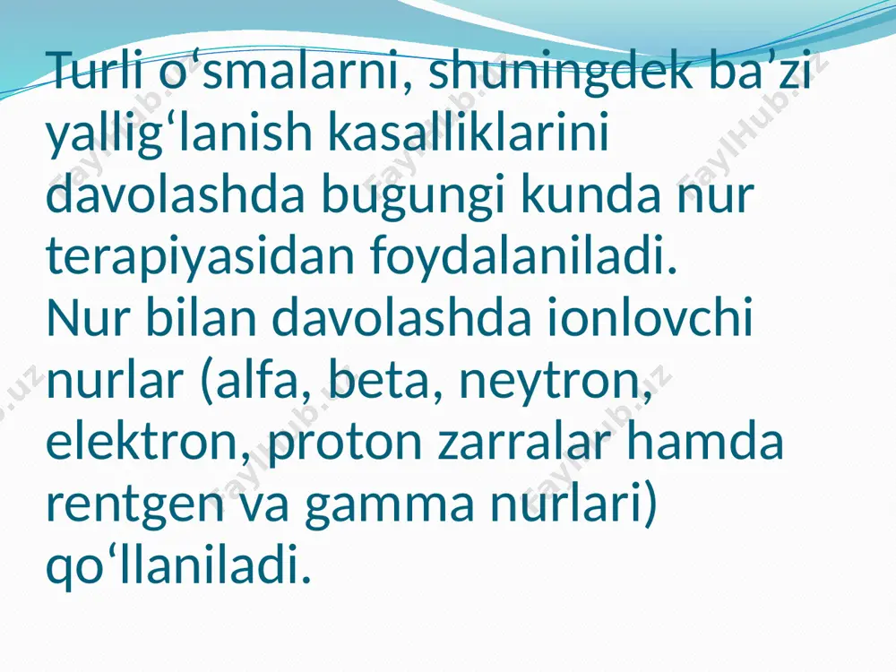 oblar, siklik va chiziqli tezlatgichlar). 2.sun’iy radioaktiv moddalar (gamma moslamalar, radioaktiv moddalar nur bilan davolashning ikki xil usuli qo‘llaniladi tashqi (distansion) ichki (kontaktli) yo‘nalishi mavjud. amaliyotda tashqi nur berish ko‘proq qo‘llaniladi nur aparatlari nur bilan davolash mustaqil tarzda yoki boshqa maxsus davolash muolajalari bilan birga olib boriladi. agar nur terapiya jarrohlik amaliyoti bilan birga qo‘llanilsa, bemorga nur yo operatsiyadan oldin, yoki keyin beriladi. nur terapiyasi o‘sma kasalliklarining turi, alomatlari va qanday kechishiga qarab onkolog va radiolog mutaxassislar tomonidan tavsiya etiladi. bunday davolash usuli bemorning ahvoliga va kasallikning kechishiga ko‘ra uch haftadan to ikki oyga qadar davom ettirilad nojo’ya ta’sirlari nur terapiyasi davolashda samara bersa-da, nohush asoratlar ham qoldirishi mumkin. bachadon bo‘yni saratoniga qarshi nur terapiyasidan foydalanilganda ayollarda sistit (siydik qopining yallig‘lanishi) kasalligi kelib chiqadi. bosh miya o‘smalariga qarshi nur yuborilganda esa miyada shish bo‘lishi kuzatiladi. nur davosi samaradorligini oshirish, noxush asoratlarini kamaytirish uchun bemorlar radiolog shifokorlar tomonidan puxta tekshiriladi va …