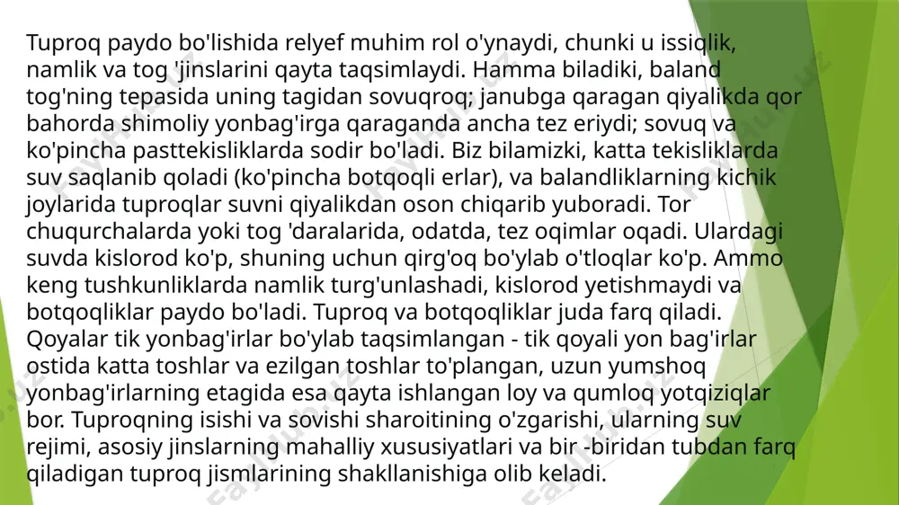 yvonlarning yashash joylari, shuningdek mikrobiologik faollik intensivligi aniq iqlim sharoitlari bilan belgilanadi. tuproq hosil bo'lishida o'simliklarning ahamiyati nihoyatda katta va xilma -xildir. ota -ona jinsining yuqori qatlamiga ildizlari bilan kirib, o'simliklar pastki ufqlaridan ozuqa moddalarini ajratib olib, ularni sintez qilingan organik moddalarga biriktiradi. o'simliklarning o'lik qismlari minerallashgandan so'ng, ular tarkibidagi kul elementlari ona jinsining yuqori gorizontiga yotqiziladi va shu bilan o'simliklarning keyingi avlodlarining oziqlanishi uchun qulay sharoit yaratiladi. shunday qilib, tuproqning yuqori ufqlarida organik moddalarning doimiy hosil bo'lishi va yo'q qilinishi natijasida uning uchun eng muhim xususiyat - o'simliklar uchun kul va azotli oziq -ovqat elementlarining to'planishi yoki kontsentratsiyasi olinadi. bu hodisa tuproqning biologik yutilish qobiliyati deyiladi. to‘liq rivojlangan tuproq asosan quyidagi genetik qatlamlardan iborat: a - gumusli-akkumulyativ qatlam; v - illuvial yoki o‘tkinchi qatlam; s - tuproq hosil bo‘lish jarayonida kam o‘zgargan ona jins; d-tuproq qatlami ostida joylashgan tuproq hosil bo‘lish jarayonida o‘zgarmagan ona jins. tuproqning genetik qatlamlari morfologik …