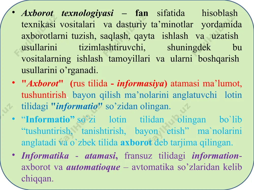 kengligi 1/4 dyuymlisi kassetada chiqarilgan. 4.yumshoq magnit diskdagi tashuvchi va yig’uvchilar (diskovodlar – disk yurituvchilar) - axborotlarni egiluvchan magnit disklarga yozuvchi qurilma. diskning diametri 3,5 dyuym (89 mm) va sig’imi 1,44 mbayt. 1 dyuym= 2,54 sm 5.qattiq magnit diskdagi yig’uvchilar. qattiq disk - vinchester (hdd- hard disk drive) berilganlar va dasturlarni uzoq muddatlarda saqlash uchun qo’llaniladi. qattiq disk – kompyuter bilan ishlashda foydalaniladigan, - operasion tizimlar, dastur- ilovalar, turli xil ma’lumotlar (matn, tasvir, musiqa, filmlar va boshq.) saqlanadigan axborotning doimiy saqlash qurilmasi. 6.optik diskdagi tashuvchi va yig’uvchilar. axborotlarni tashuvchi va saqlovchi vositalar haqida so’z borganda “optik yig’uvchilar”, “optik tashuvchilar” yoki “optik yig’uvchilar” so’zlari ko’p qo’llaniladi. cd (compact disc) kompakt disk - kompyuterga axborotlarni kiritish vositasi. u kompyuterlararo axborotlarni almashish va yana saqlash kabi vazifalarni ham bajaradi. axborot tashuvchi va yig’uvchi vosita. cd ning standart o’lchami 120 millimetrni tashkil qiladi bundan tashqari kichik diametrli o’lchami 80 mm bo’lgan 200 megabayt axborot …
