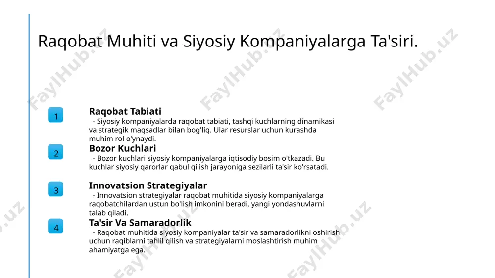 oshqaruv subyektlarini mas'uliyatli va axloqiy qarorlar qabul qilishga undaydi, bu esa tashkilotning uzoq muddatli muvaffaqiyatini ta'minlaydi. siyosiy kompaniya rahbarlari va ularning vazifalari. 1 rahbarlarning roli - siyosiy kompaniya rahbarlari strategik qarorlar qabul qilishda muhim rol o'ynaydi. ular tashqi ta'sirlarga moslashish va maqsadli natijalarga erishishni ta'minlaydi. 2 vazifalar va majburiyatlar - rahbarlar kompaniya siyosatini shakllantirish, moliyaviy boshqaruvni nazorat qilish va jamoani samarali boshqarish kabi vazifalarni bajaradilar. ularning mas'uliyati katta. 3 yetakchilik va innovatsiya - rahbarlar yangiliklarni joriy qilish orqali kompaniyaning raqobatbardoshligini oshiradilar. ular ijodiy fikrlashni rag'batlantirish va innovatsiyalarni qo'llab-quvvatlaydilar. boshqaruv subyektlarining o'zaro hamkorligi. hamkorlik turli ko'rinishlari siyosiy kompaniyalarda boshqaruv subyektlari o'rtasidagi hamkorlik turli ko'rinishlarda namoyon bo'ladi. bu, masalan, strategik maqsadlar uchun muvofiqlashtirilgan harakatlarni o'z ichiga oladi. muloqotning roli samarali muloqot boshqaruv subyektlari o'rtasidagi hamkorlikni mustahkamlaydi. bu jarayon siyosiy qarorlar qabul qilishda muhim hissa qo'shadi va kelishuvni ta'minlaydi. qonuniy asoslar huquqiy asoslar boshqaruv subyektlarining hamkorligini tartibga soladi. ular vazifalar va vakolatlarni aniqlab …