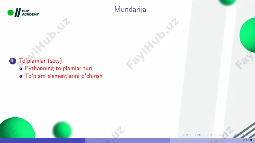 o‘chirish set larga indekslash amallarini qo‘lab bo‘lmasligi sababli, indekslash orqali ma‘lum bir elementlarini o‘chirishning iloji yo‘q. indekslash orqali o‘chirishning o‘rniga, set ning metodlaridan foydalnish mumkin. 1 discard() – metod argument sifatida element oladi va shu elementga teng bo‘lgan qiymatni o‘chiradi. agar berilgan qiymatga teng element mavjud bo‘lmasa hech qanday ish bajarmaydi. 3 nums = {1, 2, 3, 4} 4 nums.discard (2) 5 print(nums) 6 nums.discard (5) 7 print(nums) natija: {1, 3, 4}, {1, 3, 4} discard() metodini qo‘lash natijasida 2 elementi to‘plamdan o‘chirildi va ikkiknchi marta chaqirilganda 5 ga teng qiymat bo‘lmagani uchun hech qanday ish bajarmadi. 7 / 10 2 remove() – discard() metodiga o‘xshash berilgan qiymatga teng elementni o‘chiradi, lekin agar shu element mavjud bo‘lmasa, unda xatolik hosil qiladi. bu esa dasturning vaqtli to‘xtashiga olib keladi. 3 nums = {1, 2, 3, 4} 4 nums.remove (2) 5 print(nums) 6 nums.remove (5) 7 print(nums) natija va xatolik: {1, 3, …
