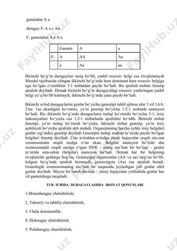 shlik (dominantlik) yoki birxillik qoidasi deb nomlanadi. ustun kelgan belgilar - dominant belgilar, yengilgan (yo‘qolgan) belgilar resessiv belgilar deyiladi. mendel o‘z tajribalarida no‘xot o‘simligida 7 juft belgilarni naslga o‘tishini o‘rganib dominantlik hodisasini tasdiqladi. ikkinchi avlodda esa - f2 duragaylarni 3/4 sariq, 1/4 yashil donli ekanligi kuzatildi. masalan mendel tajribasida (15 ta f1 o‘simliklarini ekib) ikkinchi avlodda - f2 8023 ta don olgan, ularni 6022 tasi sariq va 2001 donasi yashil edi, ya’ni 3:1 nisbatga yaqin bo‘lgan. demak, xulosa qilib aytish mumkinki, belgilar f1 avlodida ko‘rinmasa ham, ikkinchi f2 avlodida yana qayta yashil - resessiv belgi 3:1 nisbatda ajralib chiqadi. shuning uchun mendelning ii-qonuni ajralish qonuni deyiladi. g.mendel birinchi marta tajribani harflar bilan yozish usulini taklif qildi: tajribada ustun kelgan belgilar - a, yengilgan belgilar - a bilan yoziladi. agar sariq va silliq donli no‘xot navlari o‘zaro chatishtirilsa, bu chatishtirish monogibrid deyiladi va quyidagicha yozilaldi. p aa x aa gametalar a …