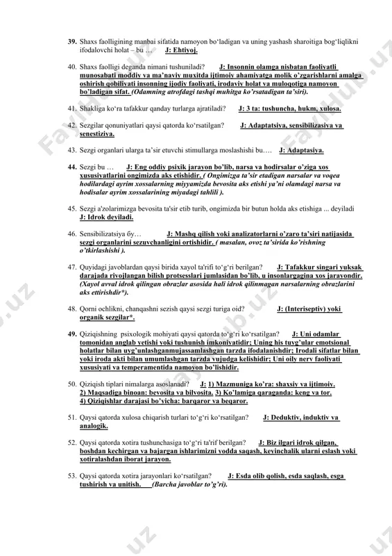 b o’tolgan omillar orqali amalga oshadigan teskari aloqa ( lot. afforens – keltiruvchi degan ma’noni anglatadi) – tashqi qo’zg’atuvchilardan hamda ichki organlardan axborotni qabul qiluvchi hissiy a’zolardan markaziy nerv sistemasiga kelib tushuvchi nerv impulslarining doimiy oqimini bildiradi). 28. teskari afferentatsiya tushunchasi kim tomonidan fanga kiritilgan? j: p.k.anoxin. 29. terining foto sezgirligi kim tomonidan kashf qilingan? j: a.n.leontev. 30. tassavurlar tabiat va hayot manzaralari shu bilan birga tovush hidlar ta'mlar bilan bog‘liq xotira……. j: harakat xotirasi. 31. tashqi real ishdan ichki ideal ishga o‘tish jarayoni bu……….. j: interiorizatsiya. 32. tashqi olamdagi narsalarning holatini va xossalarini o‘zgartirishga qaratilgan harakatlarni ………….. deb yuritiladi. j: ish harakat ( sa’i harakat ). 33. tafakkur-bu oriyentirlash-tadqiqot faoliyatini oriyentirovka jarayonidir, ya'ni oriyentirovka jarayoni, oriyentirovka faoliyat. mazkur fikr muallifi qaysi qatorda ko‘rsatilgan? j: p.ya.galperi. 34. tafakkur olamni qanday aks ettirish jarayoni? j: sezgi va idrok asosida. (bilvosita). 35. subsensor idrok tushunchasining mazmuni qaysi qatorda to‘g‘ri ko‘rsatilgan? j: miyaga …