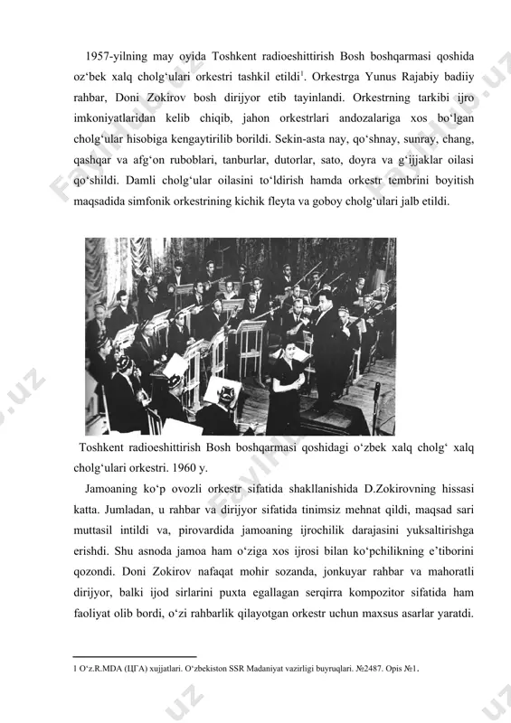 itorlar ham shu jamoaga moslab asarlar yoza boshladilar. o‘zbekiston kompozitorlari bilan birga bastakorlar ham jamoa ijrosiga oid bir qator asarlar yaratdilar. xususan, n.hasanov va b.gienkoning “o‘zbekiston” fantaziyasi va “do‘stlik” syuitasi, f.toshmatov va v.zudovning xor va orkestr uchun “yor-yor” qo‘shig‘i, s.kalonov va b.gienkoning “kulib bergan saloming” romansi shular jumlasidandir. 1959-yili o‘zbekiston radiosi qoshida maqomchilar ansambli tuziladi va unga yu.rajabiy rahbar etib tayinlanadi. orkestrni boshqarish esa dirijyor va kompozitor d.zokirov zimmasiga yuklatiladi. orkestr bilan taniqli xonandalar – h.nosirova va s.yarashevlar hamkorlik qila boshladilar. shuningdek, jamoaga yakkaxonlar sifatida k.ismoilova, m.dadaboeva, b.davidova, x.yusupova va f.abdurahmonovlar jalb etildi. orkestr yakkaxon va yakkanavozlarga jo‘rnavoz sifatida ham katta muvaffaqiyatlarga erishadi. bastakorlardan f.toshmatovning “mard yigitlar”, d.zoki- rovning “ko‘rmadim”, k.jabborovning “diyorimsan”, n.hasanov- ning “to‘ylaringiz muborak”, s.kalonovning “topmadim” va “dutorim” kabi ashulalari o‘zbek radio eshituvchilari tomonidan qizg‘in qabul qilinardi. professional mutaxassis sozandalar, jumladan, rubobchilar – q.usmonov, i.mallaev, s.taxalov, t.rajabov, a.boboxonov, shu- ningdek, naychi h.jo‘raev, changchi a.mutalov, g‘ijjakchi sozandalar – t.azimov …