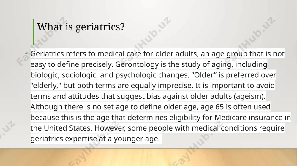 ddress older adults’ health needs. dietitians are experts in the role of food and nutrition in health. they provide advice to people on which foods to eat for good health or manage a health problem. physical therapists help people improve their mobility and reduce their pain. physical therapists treat older adults to help manage arthritis, joint replacements, and balance problems. occupational therapists help people do their daily activities like housekeeping, driving, and more basic tasks, like eating, bathing, and dressing. they help older adults with activities such as physical movement, including balance, strength, and coordination). speech and hearing specialists focus on helping people hear, talk, swallow, and assess cognition. they manage diseases like parkinson’s disease, brain injuries, and strokes. psychiatrists are medical doctors who specialize in diagnosing and treating mental health problems. geriatric psychiatrists have special training related to the mental health of older adults and prescribe medications when necessary. …