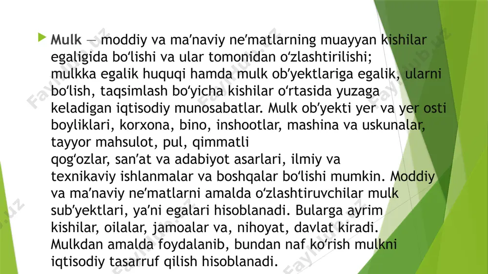 rning 3 jihati bor: 1) mulkka egalik qilish, yaʼni mulkdorlik huquqining mulk egasida saqlanib turishi; 2) mulkdan foydalanish va uni amalda ishlatish. mulkdan foydalanilganda shaxsiy ehtiyojlarni qondirish yoki daromad topish yuz beradi. mulkdor oʻz mulkini ishlatganda egalik qilish va mulkdan foydalanish bir qoʻlda toʻplanadi, mulk keltirgan nafni uning egasi tanho oʻzlashtiradi. mulk oʻzgalar qoʻlida ishlatilganda bundan olingan daromadni mulkdor mulkni amalda ishlatuvchi bilan baham koʻradi; 3) mulkni tasarruf etish — bu mulk taqdirini mustaqil hal qilish, yaʼni mulkni sotish, merosga qoldirish, hadya etish, garovga qoʻyish kabi xatti-harakatlarni erkin amalga oshirilishidir. mulkiy munosabatlarda mulkni ijaraga berish muhim oʻrin tutadi. yer, suv havzalari, bino va inshoot kabi koʻchmas mulklar oddiy ijaraga beriladi. qimmatbaho mashina va uskunalar (traktor, kombayn, samolyot, teplovoz, paroxod, yuk avtomashinalari va vagonlar) ijarasi lizing shaklida amalga oshiriladi. mulk boʻlgan pul mablagʻlarni oʻz egasi tomonidan, oʻzgalarga foydalanib turish uchun berish kredit shakliga kiradi. mulk milliy boylikni hosil etadi. o‘zbekistonda mulkni …