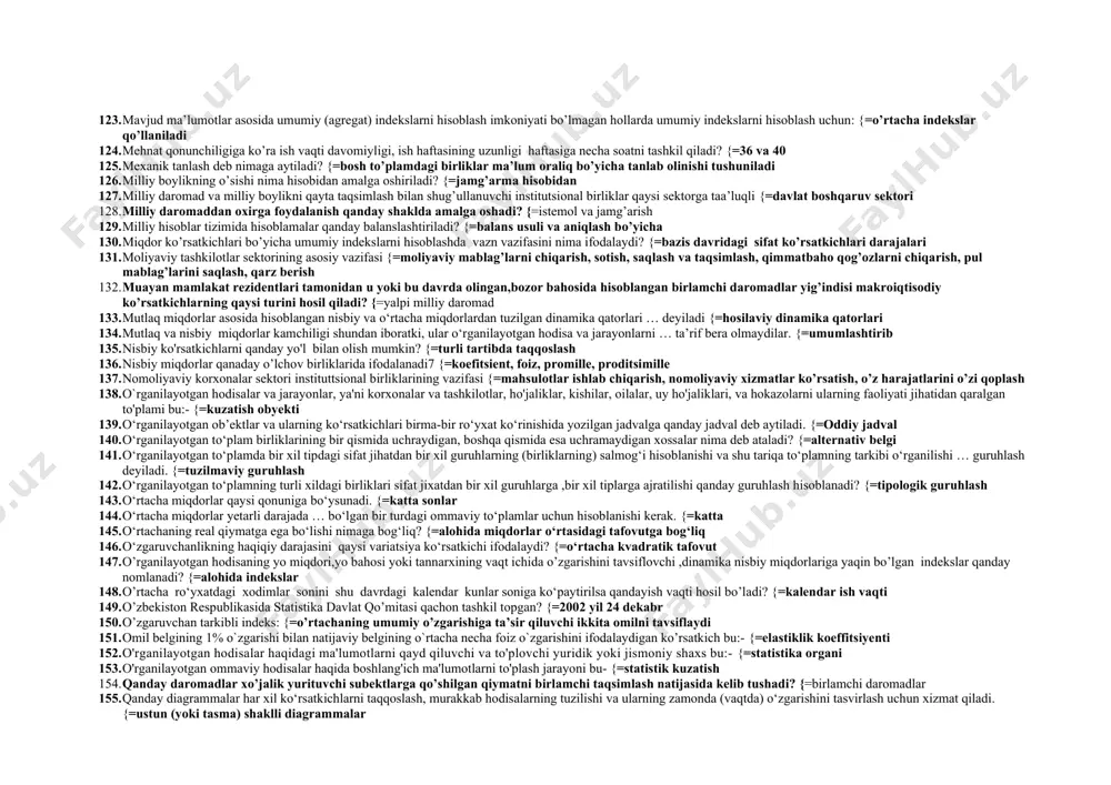 (davlat sarflari + sof kredit olish,ushbu tenglik byudjet statistikasining qaysi qaysi tushunchani ifodalaydi? {=davlat byudjetining saldosi 58. davlat ehtiyojlarini qondirish maqsadida davlat organlari tomonidan undiriladigan majburiy, beg‘araz, qaytarilmaydigan to‘lovlarni qanday kategoriyaga kiritamiz? {=soliq tushumlari 59. determinatsiya koeffitsiyenti (r) qaysi oraliqda yotadi? {=0 dan 1 gacha 60. dinamika qatorlari oralig‘ida noma’lum darajani aniqlash usuli statistikada nima deb ataladi? {=interpolyatsiyani hisoblash 61. dinamika qatorlarida bo‘lajak davr yoki perspektiv darajalarini aniqlash usuli dinamika qatorlarini qayta ishlashning qanday usuli hisoblanadi? {=ekstrapolyatsiyani hisoblash 62. dinamika qatorlarida boshlang‘ich davr: {=bazis davr deb yuritiladi 63. dinamika qatorlarida sutkalik darajadan o‘n kunlikka, o‘n kunlikdan oylik darajaga, oylik darajadan choraklik darajaga, choraklik darajadan yillik darajaga, yillik darajadan ko‘p yillik darajaga keltirish usuli bu: {=davr oralig‘ini kengaytirish 64. do‘kon tovar aylanmasi dinamika qatori uchun y=10,14-2,05t shaklida rivojlanishning asosiy tendensiyasini ifodalovchi regressiya tenglamasi tuzilgan. bu nimani anglatadi? {=yildan yilga tovar aylanmasi 2.05 mln so‘mga kamayadi 65. doimiy tarkibli indeks: {=indekslashtirilayotgan belgining …