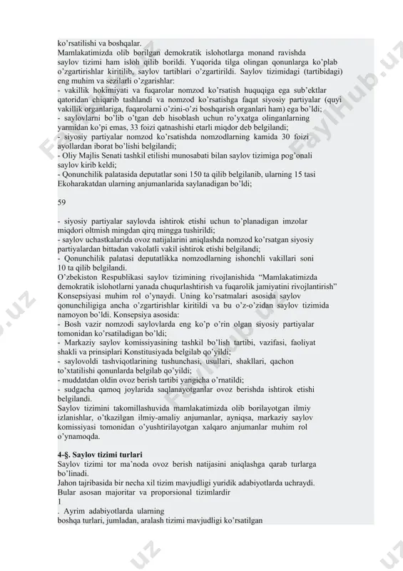da qabul qilinishi, respublikada qabul qilingan qonunlar, hujjatlar aslo ulardan chetga chiqishi mumkin emasligida ko’rishimiz mumkin. o’zbekiston saylov tizimining mustaqillik yo’lidan borishi 1989-yil 20- oktabrdagi saylov to’g’risida qonun qabul qilinishi va 1990-yil 18-fevralda o’tkazilgan saylovlardan boshlandi. natijada nomzodlar soni cheklanmay saylovlar muqobillik asosida o’tkazish sharoiti vujudga keldi, takroriy ovoz berish, takroriy saylov degan yangi saylov institutlari vujudga keldi va bu esa saylov munosabatlarining kengayishi, ularni tartibga soluvchi huquqiy normalarning saylov tizimida bo’lishini nazarda tutdi. o’zbekiston saylov tajribasida saylovlarni haqiqiy emas deb topish faktlari paydo bo’ldi. o’zbekiston saylov tizimining shakllanishi o’zbekistonning mustaqilligi bilan bog’liq bo’lsa, uni rivojlanishi, mamlakatimizda amalga oshirilayotgan demokratik islohotlarga bog’liq. o’zbekiston respublikasining mustaqil, demokratik saylov tizimini shakllanishi, o’zbekiston respublikasining 1992-yil 8-dekabrdagi konstitusiyasini qabul qilinishi 1991-yil 18-noyabrdagi “o’zbekiston respublikasi prezidenti saylovi to’g’risida”, 1993-yil 28-dekabrdagi “o’zbekiston respublikasining oliy majlisiga saylov to’g’isida”, 1994-yil 5-maydagi “xalq deputatlari viloyat, tuman va shahar kengashlariga saylov to’g’risida”gi qonunlar qabul qilinishi bilan bog’liq va bular saylov …