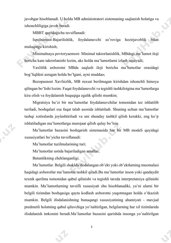 qurilma tomonidan qabul qilinishi va tegishli tarzda interpretatsiya qilinishi mumkin. ma’lumotlarning tavsifli xususiyati shu hisoblanadiki, ya’ni ularni bir belgili tizimdan boshqasiga qayta kodlash axborotni yuqotmagan holda o’tkazish mumkin. belgili ifodalanishning bunaqangi xususiyatining ahamiyati - mavjud predmetli holatning qabul qiluvchiga yo’naltirilgan, belgilarning har xil tizimlarida ifodalanish imkonini beradi.ma’lumotlar bazasini qurishda insonga yo’naltirilgan mantiqiy ifodalanish haqida va uzoq muddatli xotira qurilmasiga yo’naltirilgan jismoniy ifodalanish haqida gapirish an’anaga aylangan. ma’lumotlarning joylashuvi va xotira qurilmasida ularning o’zaro aloqalari haqida gapirishdan oldin, o’zigan xos ma’lumotlar modelini yaratgan holda, ma’lumotlar o’zaro bog’liqligini mantiqiy darajada keltirish lozim.shunday qilib, predmet sohasining barcha ob’ektlarida yozuv tarkiblari va ularning o’zaro aloqasi aniqlandi, ya’ni predmet sohasining ma’lumotlar modeli vazifalashtirildi. ma’lumotlar modelining asosiy vazifasi saqlash ahamiyatlari bilan bog’liq, chalg’itadigan detallarsiz axborot kartinasini to’liq namoyon etish imkonini berishdan iborat. u ma’lumotlar bankida saqlanayotgan har qanday ma’lumotni olish mexanizmini ishlab chiqishda yordam beradigan asbobdir 2. fakultet ma’lumotlar bazasining mantiqiy strukturasi va uni shakllantirish qo’yilgan …