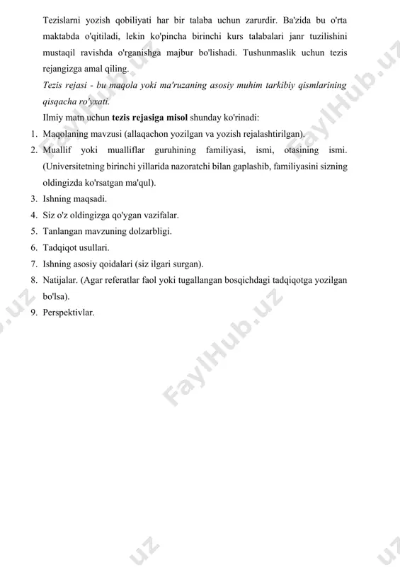 day ko'rinadi: 1. maqolaning mavzusi (allaqachon yozilgan va yozish rejalashtirilgan). 2. muallif yoki mualliflar guruhining familiyasi, ismi, otasining ismi. (universitetning birinchi yillarida nazoratchi bilan gaplashib, familiyasini sizning oldingizda ko'rsatgan ma'qul). 3. ishning maqsadi. 4. siz o'z oldingizga qo'ygan vazifalar. 5. tanlangan mavzuning dolzarbligi. 6. tadqiqot usullari. 7. ishning asosiy qoidalari (siz ilgari surgan). 8. natijalar. (agar referatlar faol yoki tugallangan bosqichdagi tadqiqotga yozilgan bo'lsa). 9. perspektivlar. image1.wmf oleobject1.bin