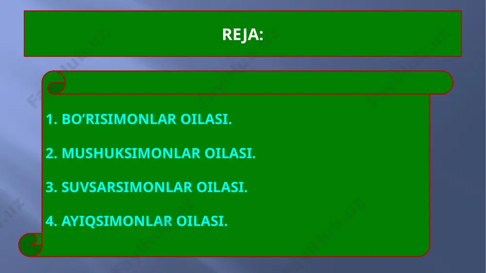 unduzlar — gavdasininguz. 55—95 sm, nisbatan ingichka va egiluvchan, vazni 10 kg gacha. dumi 45 sm gacha. oyoklari kalta, barmoqlari orasida suzgich parda bo`ladi. o`zbekmstonda 1turi — qunduz tarqalgan. q. chuchuk suv havzalari yaqinidagi inlarida yashaydi. yashaydi. bahor-yoz mavsumida asta-sekin tullaydi. yumshoq to`shamali uyasini suv havzasining baland qirg`oqlariga yasaydi.bo`g`ozlik davri 8— 10 oy. ikki yilda bir marta — aprel — mayda, ko`pincha 3 ta bola tug`adi. asosan, baliq, baqa, ba`zan o`rdak va boshqa bilan oziqlanadi.mo`ynasi (ayniqsa, qishki) qimmat baho hisoblanadi. soni keskin kamayganligi uchun ovlash taqiqlangan. ayiqsimonlar oilasi. ayiqlar – baquvvat va yirik hayvonlar o‘zbekiston tog‘larida qo‘ng‘ir ayiq uchraydi. u o‘simliklar ildizi va nihollari bilan oziqlanadi, ba’zan hasharotlar va sug‘urlarni tutib yeydi, yozda esa mevalar bilan oziqlanadi. ayiq oziq taqchil bo‘lgan qish faslida uyquga ketadi. arktika muzliklarida oq ayiq yashaydi. uning og‘irligi 800 kg keladi. oq ayiq suvda yaxshi suzadi va sho‘ng‘iydi; asosan tyulenlar va baliqlar bilan oziqlanadi. 1. bo‘rilar …