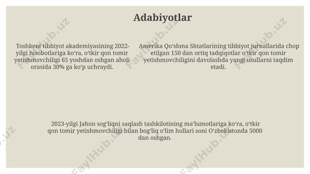 nsial diagnostika bemorda og'riqning lokalizatsiyasi va intensivligi, shuningdek, 3 dan ortiq periferik pulslarning yo'qligi yoki zaiflashuvi kabi klinik belgilar diagnostika jarayonida muhim rol o'ynaydi va turli xil sharoitlarni farqlashga yordam beradi. doppler ultratovush tekshiruvi va angiografiya kabi qo'shimcha diagnostika usullaridan foydalanib, 100 ga yaqin holatlarda aniq tashxis qo'yish va masalan, germaniyada keng qo'llaniladigan kompyuter tomografiyasi yordamida taqqoslash mumkin. o'tkir tomir yetishmovchiligini tashxislashda, masalan, 60 yoshdan oshgan bemorlarda yurak yetishmovchiligi, aқшda keng tarqalgan tromboemboliya yoki buyuk britaniyada ko'proq uchraydigan arterioskleroz kabi holatlarni farqlash muhimdir. e'tiboringiz uchun rahmat @taqdimot_robot
