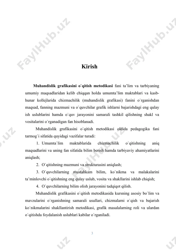 axassislikning malakaviy tavsifnomasiga asoslangan holda belgilanadi. kasb-hunar kollejlarida mutaxasisslar tayyorlash klassifikatoriga asosan bugungi kunda respublikamizda 270 dan ortiq yo`nalish bo`yicha mutaxassislar tayyorlanmoqda. kollejlarda grafika fanlarini o`qitishda zamonaviy ishlab chiqarish xodimining yangi texnologik madaniyatni egallaganligi, ishlab chiqarish moddiy-texnika bazasining uzluksiz yangilanib turishiga, uning tashkil qilinishidagi o`zgarishlarga hamda bozor mexanizmlarining joriy qilinishiga kasbiy va psixologik tayyorlanganligini ham hisobga olish zarur bo`ladi. chizmachilik o`qituvchilari kelajak jamiyat kishilarini tarbiyalashdek muhim ishga o`z hissalarini qo`shmoqlari darkor. bu qo`shiladigan hissani to`laqonli bo`lishi uchun chizmachilik o`qitish jarayonidagi tarbiyaviy ishlarning maqsad va vazifalarini aniq va ravshan tushunmoq zarur. shunga qaramay, hozirgi vaqtga qadar chizmachilik darslarida tarbiyaviy ishlarga oid bironta tadqiqot yosh tavsiya respublikamizda mavjud emas. bu, ayniqsa yosh o`qituvchilarga muayyan qiyinchilik tug`diradi. o`qituvchi ta`lim berish vazifalarini bajarish bilan birga o`quvchilarga juda katta tarbiyaviy ta`sir ham ko`rsatadi. biroq, ta`limning o`quvchiga tarbiyaviy ta`sir ko`rsatishi o`qituvchining ma`naviy qiyofasiga ham bog`liq bo`ladi. o`qituvchi o`z o`quvchilarida e`tiqodni tarbiyalar ekan, u birinchi navbatda o`zining …