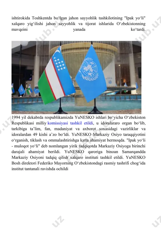 iston natoning “tinchlik yo`lidagi hamkorlik” dasturiga qo`shildi. o`zbekistonning yevropa ittifoqi bilan hamkorligi masalasiga ham to`xtab o`tmoq joiz. mazkur ittifoq bilan hamkorlik uchun tuziladigan bitim bo`yicha ishlar respublikada 1995-yildan boshlangan bo`lib, bu muzokaralar 1996-yilga qadar davom etdi. bu muzokaralarning natijasi o`laroq o`zbekiston bilan yevropa ittifoqi o`rtasidagi bitim 1996-yil 21-22 iyun kunlari italiyaning florensiya shahrida yi davlatlari rahbarlarining yig‘ilishida o`zbekiston prezidenti i.a.karimov tomonidan imzolandi. florensiyaning “fortezza de basso” qal’asida yevropa ittifoqiga kiruvchi davlatlar va hukumat boshliqlarining navbatdagi uchrashuv - sammitida imzolangan sheriklik va hamkorlik to`g‘risidagi bu hujjat o`zbekistonning jahon hamjamiyatiga dadil kirib borishida o`z o`rni va ovoziga ega bo`lishida katta ahamiyat kasb etdi. mustaqil o‘zbekiston respublikasi dunyo mamlakatlari bilan ko‘p tomonlama aloqalar o‘rnatish bilan bir vaqtda taraqqiy etgan davlatlar va qo‘shni mamlakatlar bilan ikki tomonlama aloqalarni rivojlantirishda davom etmoqda. xx asrning oxirgi o’n yilligida xalqaro munosabatlarining rivojlanishida g`oyat muhim voqealar sodir bo’ldi. sotsialistlik sistema parchalanib yevropaning qator mamlakatlari mustabid tizim zulmidan qutilib …