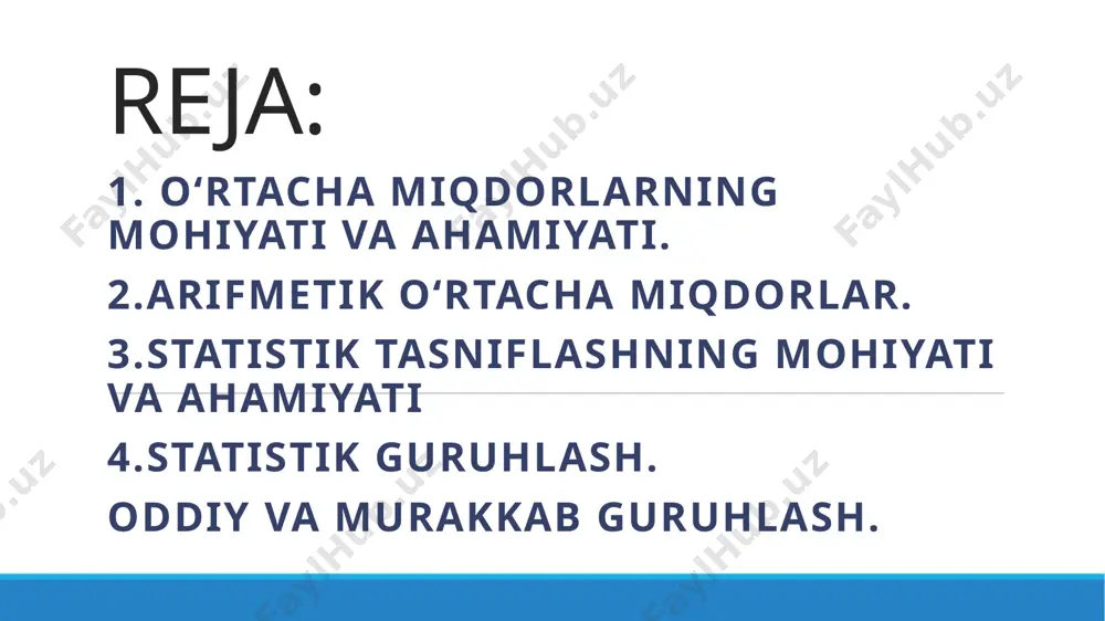 olingan yig‘indini ularning soniga (ya’ni qator variantlari soniga) bо‘lish yо‘li bilan aniqlanadi bu yerda:  -yig‘indi belgisidir. x – belgining n miqdorlari; n – tо‘p lam hajmi (о‘rganilayotgan belgilar soni). tortilgan arifmetik о‘rtacha tortilgan arifmetik о‘rtacha – о‘rtalashtirilayotgan miqdorlarni ularning tо‘plamda uchrashish soni bilan tortib olib hisoblangan о‘rtachadir. agar x belgining n miqdorlari x1, x2, ....., xn yoki xi (i=1,n) mos tartibda f1, f2, ....., fn yoki fi (i=1,n) martadan kuzatilgan bо‘lsa, о‘rtacha arifmetik miqdorning umumiy ifodasi. bunday hollarda o‘rtacha miqdorlar tortqichli arifmetik o‘rtacha usulida quyidagi amallar ketma-ketlikda bajariladi: 1. o’rtachalashtirilayotgan har bir yakka miqdorlar (x), takrorlanish soniga (tortqichiga, vazniga, f) ko’paytiriladi = xf. 2. yakka miqdor (belgi) va tortqich (vazn – f) ko’paytmasi qo’shilib, yig’indisi aniqlanadi =∑ xf. 3. tortqichlar (vaznlar – f) yig’indisi ham aniqlanadi =∑f. 4. so’ngra miqdorlar yig’indisi (∑xf), tortqichlar yig’indisiga bo’linadi: х̅ = ∑ 𝑥𝑓/∑ 𝑓 . shunday qilib, tortqichli (vaznli) arifmetik o’rtacha formulasini quyidagicha …