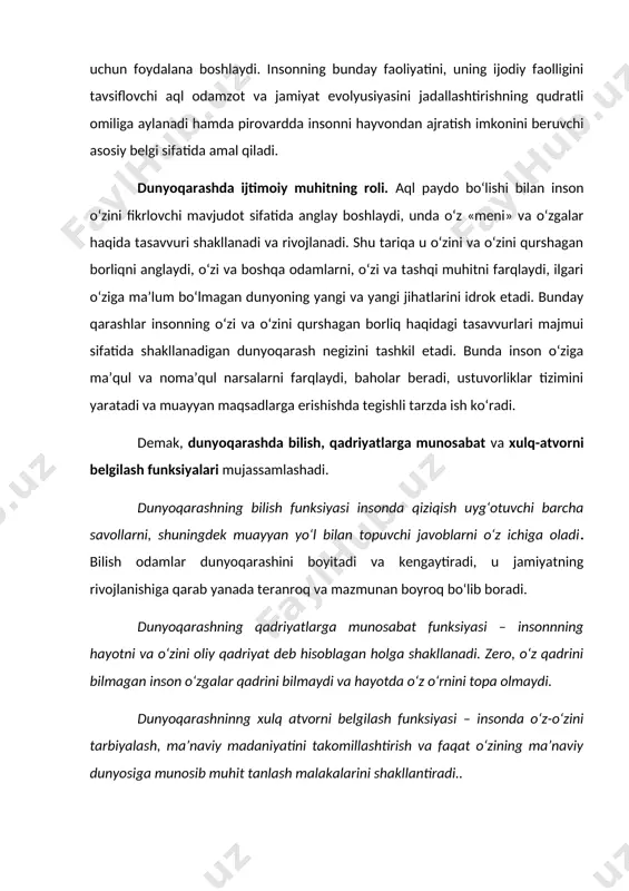 lgilash funksiyasi – insonda o‘z-o‘zini tarbiyalash, ma’naviy madaniyatini takomillashtirish va faqat o‘zining ma’naviy dunyosiga munosib muhit tanlash malakalarini shakllantiradi.. ammo dunyo juda rang-barang bo‘lib, muttasil o‘zgarish jarayonini boshdan kechiradi, qoniqarli javoblarga ega bo‘lmagan savollar esa, uzil-kesil javob berish mumkin bo‘lgan savollarga qaraganda, ko‘proqdir. shu bois, muammolarga nisbatan muayyan tarzda yondashadigan har bir odamning dunyoqarashi, savollari va javoblari doim shaxsiy o‘ziga xoslik bilan ajralib turadi va hech bo‘lmasa shu sababga ko‘ra boshqa odamlar dunyoqarashiga hech qachon o‘xshamaydi. dunyoqarashda intellektual, emotsional va ruhiy asoslar uzviy bog‘liq bo‘lib, , ular jamuljam holda har bir inson uchun mutlaqo muayyan, individual xususiyatlar sifatida amal qiladi. intellektual, emotsional va ruhiy asoslar iroda bilan uyg‘unlikda e’tiqodlar – odamlar faol qabul qiladigan, ularning ong darajasi va hayotdagi mo‘ljallariga mos keladigan qarashlarni yuzaga keltiradi. dunyoqarashning muhim elementi shubha bo‘lib, u insonni dogmatizm, ya’ni biryoqlama, notanqidiy fikrlash, u yoki bu qoidani shak-shubhasiz haqiqat deb qabul qilishdan asraydi. dogmatizmning qarama-karshisi skeptitsizm …