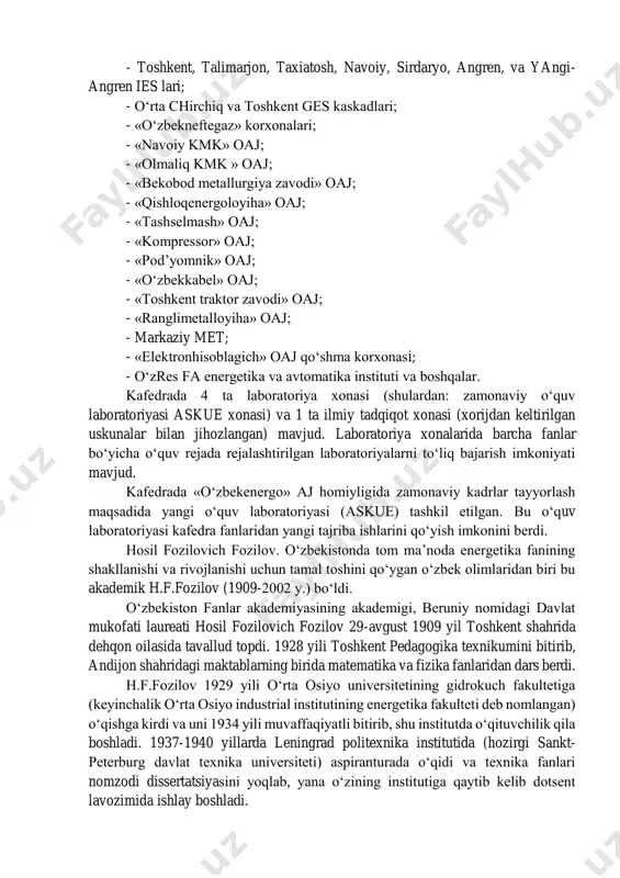 prof. saidxodjaev a.g. kat.o‘q. rafiqova g.r., ass. raxmonov i.u.). kafedraning ilmiy-tadqiqot ishlarida 18 ta xodim qatnashadi. ulardan 3 nafar professor, 5 nafar dotsent, 4 nafar katta o‘qituvchilar va 6 nafar assistent. kafedrada mavjud grant loyiha va xo‘jalik shartnomalar: - iot-2013-3-09 «er osti issiqligi asosida ishlovchi issiqlik nasosi yordamida isitiladigan energiya samarador issiqxonani ishlab chikish va tashkil etish». (ilmiy rahbar: t.f.n., dotsent rismuxamedov d.a.); - x/sh-32/13 «uzktjm korxonasida energiya tejamkorlik bo‘yicha energetik tekshiruvini o‘tkazish» (ilmiy rahbar: dots. taslimov a.d.). kafedra respublikadagi etakchi energetika va sanoat korxonalari bilan o‘zaro ilmiy va o‘quv ishlari bo‘yicha yaqin aloqaga ega. bular qatorida: - toshkent temir-yo‘llar instituti; - toshkent axborot texnologiyalari instituti; - toshkent irrigatsiya va merigatsiya instituti; - farg‘ona politexnika instituti; - qarshi davlat universiteti; - navoiy konchilik instituti; - «energosozlash» oaj; - «davenergonazorat» oaj; - «toshkent elektr tarmoqlari» aj; - toshkent, talimarjon, taxiatosh, navoiy, sirdaryo, angren, va yangi- angren ies lari; - o‘rta chirchiq …