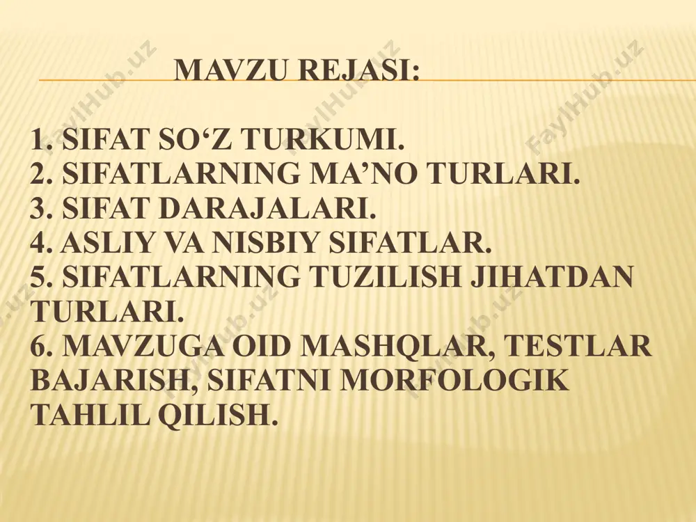 igan sifatlar asliy sifatlar deyiladi: chiroyli, dono, achchiq, yomon. nisbiy sifatlar belgini to‘gridan-to‘g‘ri emas, balki boshqa bir tushunchaga nisbatlagan holda ifodalaydigan va ko‘pincha daraja ko‘rsata olmaydigan sifatlardir: devoriy, yozgi, yig‘ma, oilaviy, andijonlik, sharsimon. sifat darajalari belgining ortiq yoki kamligi jihatidan farqlanishi sifat darajalari deyiladi. sifat darajalari to‘rt xil: 1. oddiy darajadagi sifatlar belgining odatdagi me’yorini bildiradi va grammatik ko‘rsatkichga ega emas: qiziqarli kitob, baland bino, shirin olma. 2. orttirma darajadagi sifatlar belgining me’yordan ortiq ekanligini bildirgan sifatlardir. orttirma daraga quyidagi shakllar yordamida hosil qilinadi: 1.sintaktik usul bilan, bunda oddiy darajadagi sifat oldidan juda, g‘oyatda, eng, nihoyatda, jiqqa, g‘irt, o‘lguday, tim so‘zlarini keltirish bilan yasaladi: juda aqlli, g‘irt yolg‘onchi, behad go‘zal, tim qora, o‘lguday ziqna, jiqqa ho‘l. 2. fonetik usul: sifatning birinchi bo‘g‘inini tovush o‘zgarishi orqali takrorlab qo‘llash asosida yasaladi: qip-qizil, yam-yashil, bab-baravar, top-toza pak-pakana, bus-butun, oppoq. 3. qiyosiy darajadagi sifatlar belgining me’yordan sal kam ekanligini qiyoslab, solishtirib ifodalaydi va oddiy …