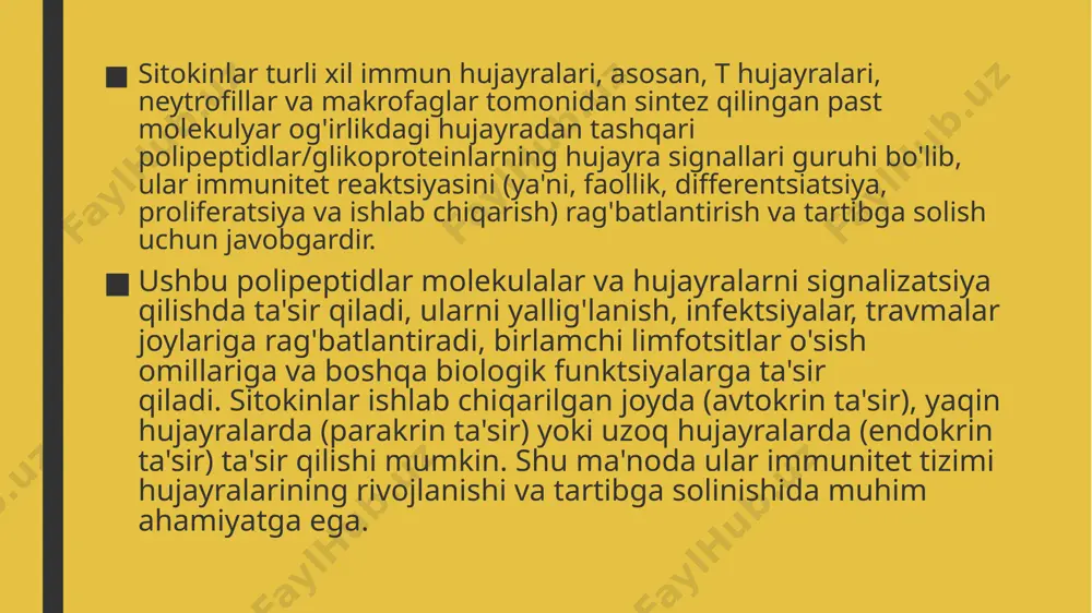 tokinlarning virus replikatsiyasiga xalaqit berish qobiliyatidan kelib chiqadi. i turdagi ifnlar virus replikatsiyasini inhibe qilish, tabiiy qotil (nk) hujayralarining lizis potentsialini va virus bilan zararlangan hujayralardagi mhc i sinf molekulalarining ekspressiyasini oshirish va th1 hujayralarining rivojlanishini rag'batlantirish orqali kuchli antiviral ta'sir ko'rsatadi. yuqumli jarayon davomida bu turdagi interferon ko'p bo'ladi va qonda osongina aniqlanadi. boshqa tomondan, ii turdagi ifn faqat bitta vakiliga ega, ifn-g. bu sitokin ham tug'ma, ham adaptiv immun javoblarida makrofaglarning faollashuvida katta rol o'ynaydi. iii-toifa ifnlar, shuningdek, il-28/29 deb ham ataladi, i ifn-ga o'xshash biologik ta'sir ko'rsatadi, virusli infektsiyalarga qarshi xostni himoya qilishda muhim rol o'ynaydi interferon sitokinlar deb nomlanuvchi oqsil molekulalari sinfining birinchi tavsiflangan a'zosi edi. hozirgi vaqtda interferonlar virusli infektsiyalarga qarshi javob berishda vositachilik qilib, tug'ma immunitet tizimida ishtirok etishi yaxshi ma'lum. ifnlarning bu roli birinchi marta 1930-yillarda, xoskins tomonidan o'tkazilgan tadqiqot ilgari herpes simplex virusi bilan kasallangan quyonlar bir xil turdagi viruslar tomonidan keyingi …