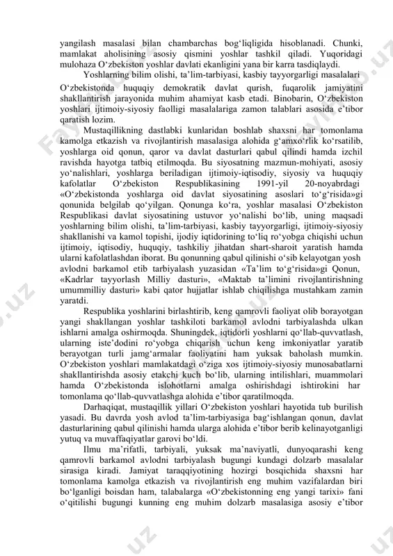 tarbiyalash hamda milliy g‘ururni shakllantirishdan iborat. «o‘zbekistonning eng yangi tarixi» fanini o‘rganishning nazariy-uslubiy asoslari o‘zbekistondagi ijtimoiy-siyosiy jarayonlar va murakkab vaziyatlar tarixini, shuningdek mustaqillik yillarida davlat boshqaruvi, ijtimoiy-iqtisodiy, siyosiy va ma’naviy hamda boshqa sohalardagi islohotlarning mazmun- mohiyatini yoritishda ilmiy tadqiqotlar olib borishning ilmiylik, tizimlilik, tarixiylik, ob’ektivlik va qiyosiy tahlil usullaridan foydalanildi. fanining ilmiy-nazariy uslublari v uning tamoyillari quyidagilardan iborat:  tarixiy hodisa va voqealarni, hujjat va faktlarni ilmiy, xolisona o‘rganish va tahlil qilish;  tarixni milliylik va umuminsoniylik asosida o‘rganish va tahlil qilish;  tarixni haqqoniy, tarixiy-falsafiy mantiqiylik asosida o‘rganish va yozish;  tarixga milliy va umuminsoniy xotira va qadriyat sifatida hurmat va ehtirom bilan e’tiborli bo‘lish;  xalq, buyuk davlat arboblari va rahbarlari, iste’dodli va qobiliyatli, fidokor va qahramon kishilarning tarixda tutgan o‘rniga alohida e’tibor berish;  tarixiy voqea va hodisa, hujjat va faktlarning to‘g‘ri va noto‘g‘riligini aniqlashda tarixiy-tanqidiylik usuliga amal qilish;  tarixni o‘rganishda tarixiy izchillikka amal qilish;  …