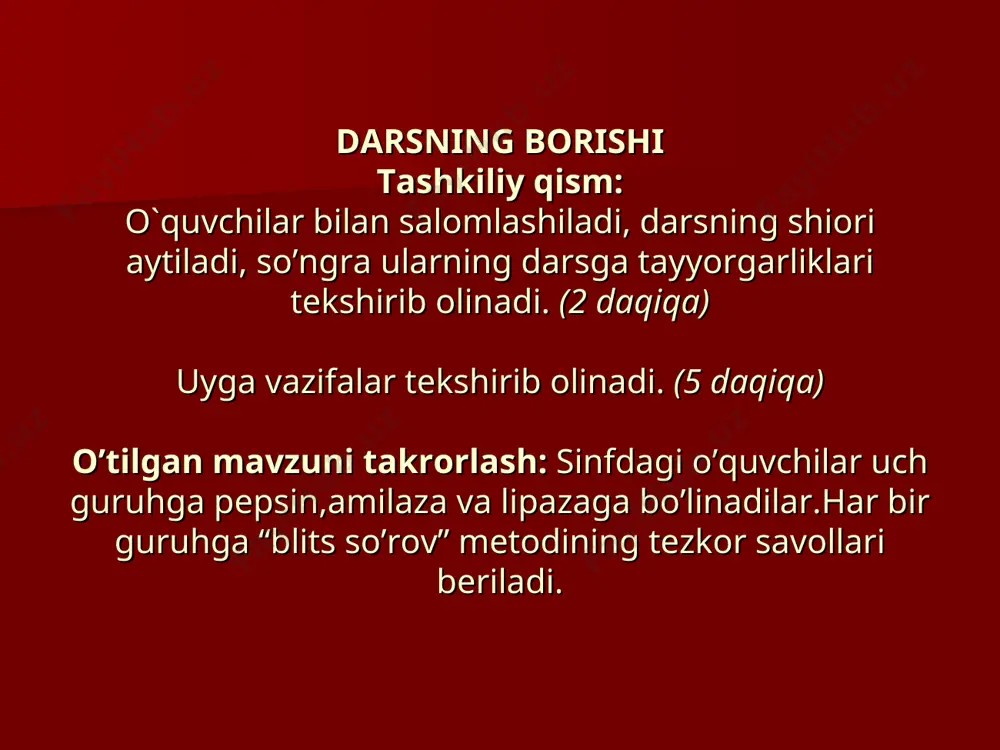 sariq kasalligi (yuqumli gepatit) ni viruslar qo’zg’atadi. virusning a, b, c turlari bo’lib, ularning yuqish yo’li har xil. virusning a turizararlangan taomlar, idish0tovoq, qaynatilmagan ariq, hovuz, quduq suvi orqali yuqadi.b va c turlari yaxshi sterillanmagan shpris va ignalar orqali hamda bu kasallikning yengil turlari bilan xastalangan odamdan olingan qon va qon zardobini davolash maqsadida boshqa odamga yuborish natijasida yuqadi. iv. yangi mavzuni mustahkamlash: (o’quvchilar bilimlarini test topshiriqlari yordamida nazorat qilish va aniqlash.) ( 7 daq.) 1) me’da-ichaklarning yallig’lanish kasalligiga qaysilar kiradi? a. tif va vabo b. ichburug’ va xolera c. gijja, gepatit va kolit d.gastrit,enterit va kolit. 2)gijjalar qayerda yashaydi? a.xayvon va o’simliklar tanasida b.odam, hayvon va o’simliklar tanasida с. suvda va iflos joylarda d. xayvon va o’simlik qoldiqlarida 3) ovqatdan zaharlanishning botulizm deb ataluvchi turini qo’zg’atuvchi mikroblari qayerda yashaydi. a. ovqatda, xar hil gaz ajratadi b. eski taomda,xidli gaz ajratadi. c. havo kiradigan ovqatda inert gaz ajratadi. d. havo …