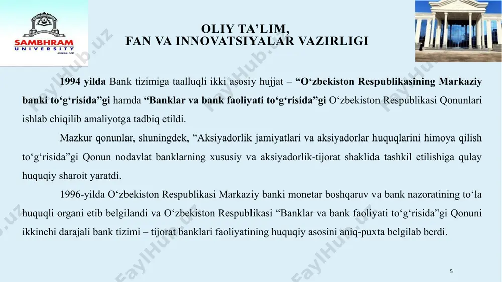 zaga kelayotgan vaziyatni, ichki bozordagi makroiqtisodiy shart-sharoitni, tashqi omillarni tahlil qilish asosida amalga oshiriladi. «markaziy bank o‘z vakolatlari doirasida qaror qabul qilishda mustaqildir» deb tasdiqlangan. o‘zbekiston respublikasi markaziy banki o‘zbekiston respublikasi oliy majlisiga hisobot beradi. oliy majlis o‘zbekiston respublikasi prezidentining tavsiyasi bilan o‘zbekiston respublikasi markaziy banki raisini tayinlaydi va lavozimidan ozod qiladi. 13 oliy ta’lim, fan va innovatsiyalar vazirligi o‘zbekiston respublikasi markaziy bankining vazifalari va funksiyalari markaziy bank yagona markazlashtirilgan boshqaruv tizimiga ega. markaziy bank zimmasiga yuklatilgan vazifalarni bajarish uchun tegishli xizmatlar va muassasalar tashkil etadi. markaziy bank qoraqalpog‘iston respublikasi poytaxtida, viloyatlarning markazlari va toshkent shahrida yuridik shaxs maqomiga ega bo‘lmagan bosh boshqarmalar tuzadi. markaziy bank raisi boshqaruvning raisi hisoblanadi. boshqaruv a’zolarini markaziy bank raisi taqdimnomasiga ko‘ra, oliy majlisning kengashi tasdiqlaydi. markaziy bank raisi markaziy bank va uning boshqaruvi faoliyatiga rahbarlik qiladi, bankning fondlarini tasarruf etadi va markaziy bank zimmasiga yuklatilgan vazifalar bajarilishi uchun javobgar bo‘ladi. 14 oliy ta’lim, fan …