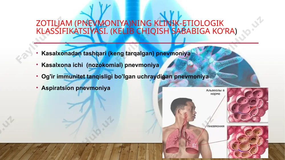 ar 12 soat (m / o, i / n) siprofloksatsin 500 mg char 12 soat (p / o) gallery 0 5328 wps presentation широкоэкранный 212 31 0 0 7 false 已用的字体 13 主题 1 幻灯片标题 31 arial simsun wingdings gill sans mt microsoft yahei arial unicode ms calibri lora segoe print arial black times new roman comic sans ms bad script галерея termiz iqtisodiyot va servis universtiteti. “tibbiyot kafedrasi” o’pkaning tuzilishi: zotiljam- (pnevmoniya)- o’pkaning yallig’lanish kasalligi hisoblanadi. muammoning ko’lami. zotiljam (pnevmoniya)ning klinik-etiologik klassifikatsiyasi. (kelib chiqish sababiga ko’ra) zotiljamning etiologik tasnifi: kasalxona tashqari pnevmoniyasi etiologiyasi: kasalxona ichi pnevmoniyasi etiologiyasi: aspiratsion pnevmoniyaning etiologik sabablari: atipik pnevmoniyaning etiologik sabablari: yuqish yo’llari: o’pkaning himoya mexanizmlari: pnevmoniyaning o’limga olib keluvchi havf omillari: patogenez: quyidagi suratda chap tomonda havo bilan to’lgan sog’lom alveolalar, o’ng tomonda esa zotiljam holatidagi alveolalar holati ko’rsatilgan. zotiljam (pnevmoniya) da bemor shikoyatlari: yo’tal turlari: yo’tal turlari: yo’tal turlari: tekshirish usullari: o’pka auskultatsiyasi: …