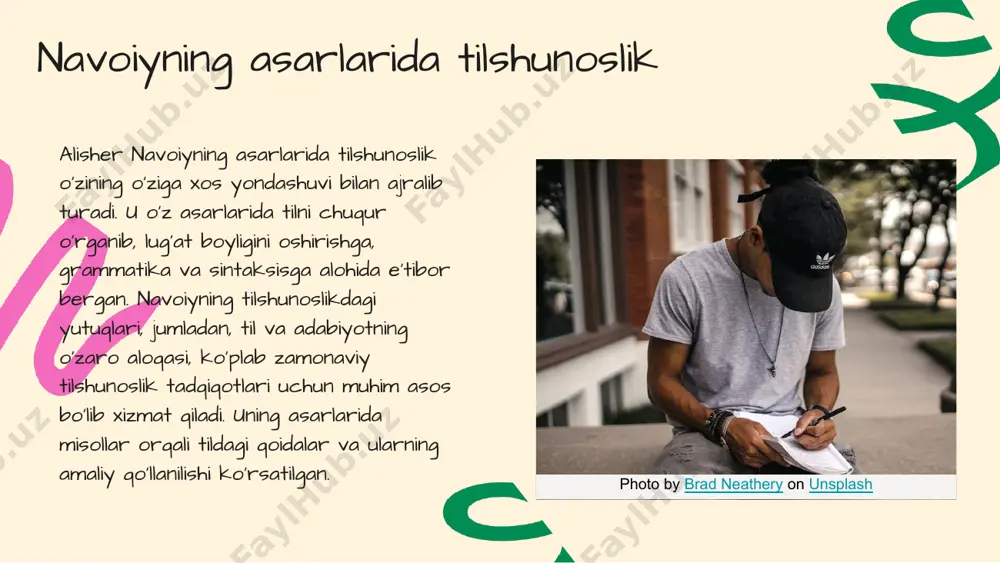 adaniy qadriyatlarini ifoda etadi, bu esa til va madaniyat o'rtasidagi muhim bog'lanishni ta'minlaydi. shuningdek, navoiyning asarlari, o'zbek tilini o'rganish va rivojlantirish uchun zaruriy manba sifatida xizmat qiladi. **swot tahlil**: navoiyning lingvistik merosi kuchli tomonlari sifatida uning til boyligi va madaniy kontekstda ifodalanganligi ko'rsatiladi. u, shuningdek, o'zbek tilining adabiy merosidagi o'rni bilan ajralib turadi. biroq, uning asarlarini zamonaviy tilga moslashtirishda qiyinchiliklar bo'lishi mumkin, bu esa kuchsiz tomonlardan biridir. buning ustiga, navoiyning asarlarining murakkabligi va qiyin leksikasi ham o'zbek tilini o'rganayotgan yoshlar uchun muammo bo'lishi mumkin. xulosa - navoiyning tilshunoslikka qo'shgan hissasi: o'zbek tilining rivojiga katta ta'sir ko'rsatdi. - aloqalar va madaniyatni shakllantirishdagi roli: madaniy almashinuvni kuchaytirdi. - lingvistik meros va madaniy meros o'rtasidagi bog'lanish: merosimizni saqlash va rivojlantirish zarur. - zamonaviy tilshunoslikda o'rni: navoiyning asarlari zamonaviy tadqiqotlarda o'z ifodasini topadi. e'tiboringiz uchun rahmat! designed by slides carnival image1.png image2.png image3.png image4.png image5.png image6.png image7.png image8.png image9.png image10.png image11.png image19.jpg image16.png image17.png …